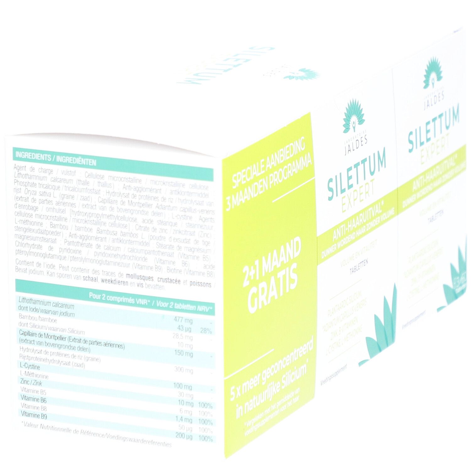 Boîte de comprimés Silettum Expert Anti-chute, Volume et Vitalité. Offre spéciale 2+1 mois offerts.