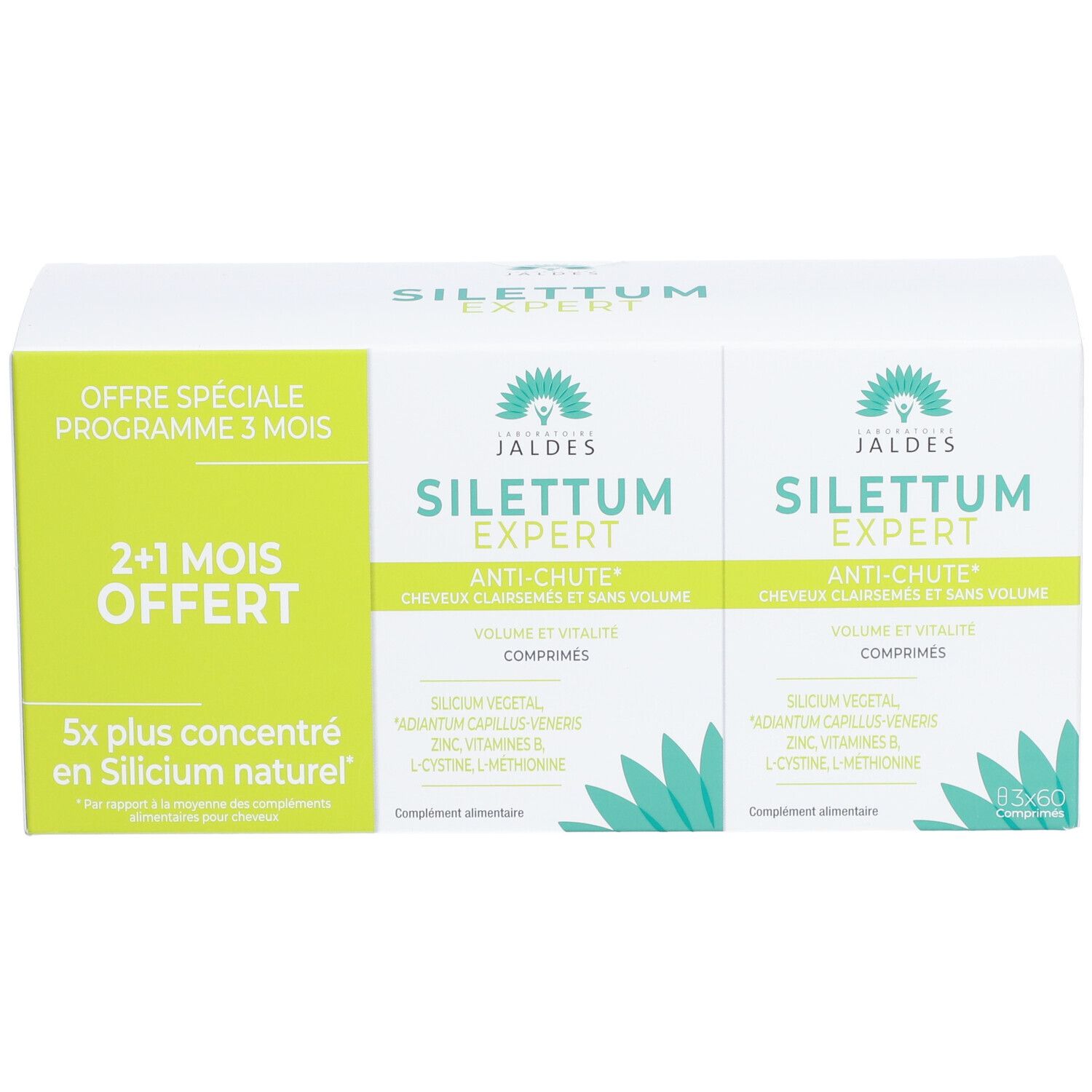 Boîte de comprimés Silettum Expert Anti-chute, Volume et Vitalité. Offre spéciale 2+1 mois offerts.
