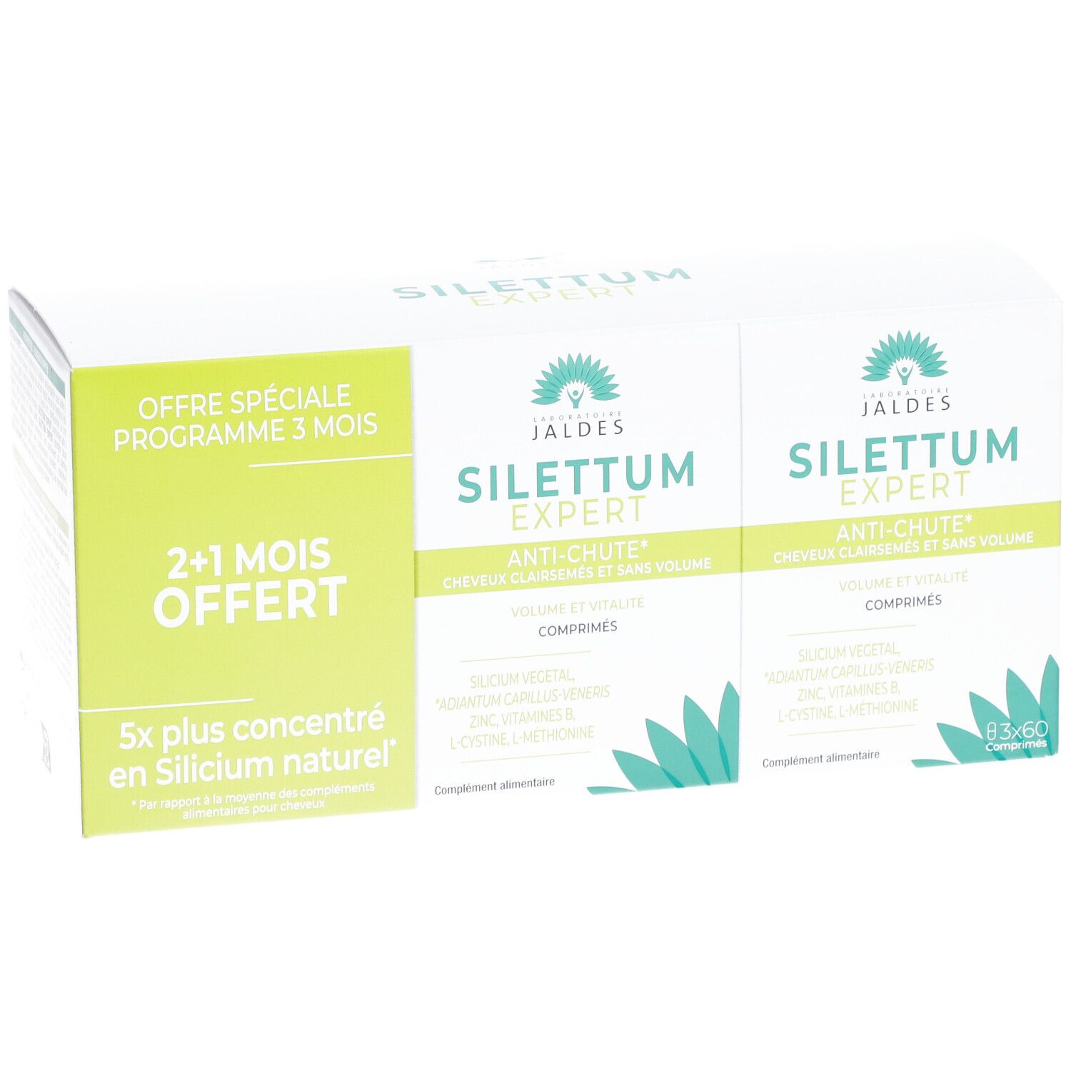 Boîte de comprimés Silettum Expert Anti-chute, Volume et Vitalité. Offre spéciale 2+1 mois offerts.