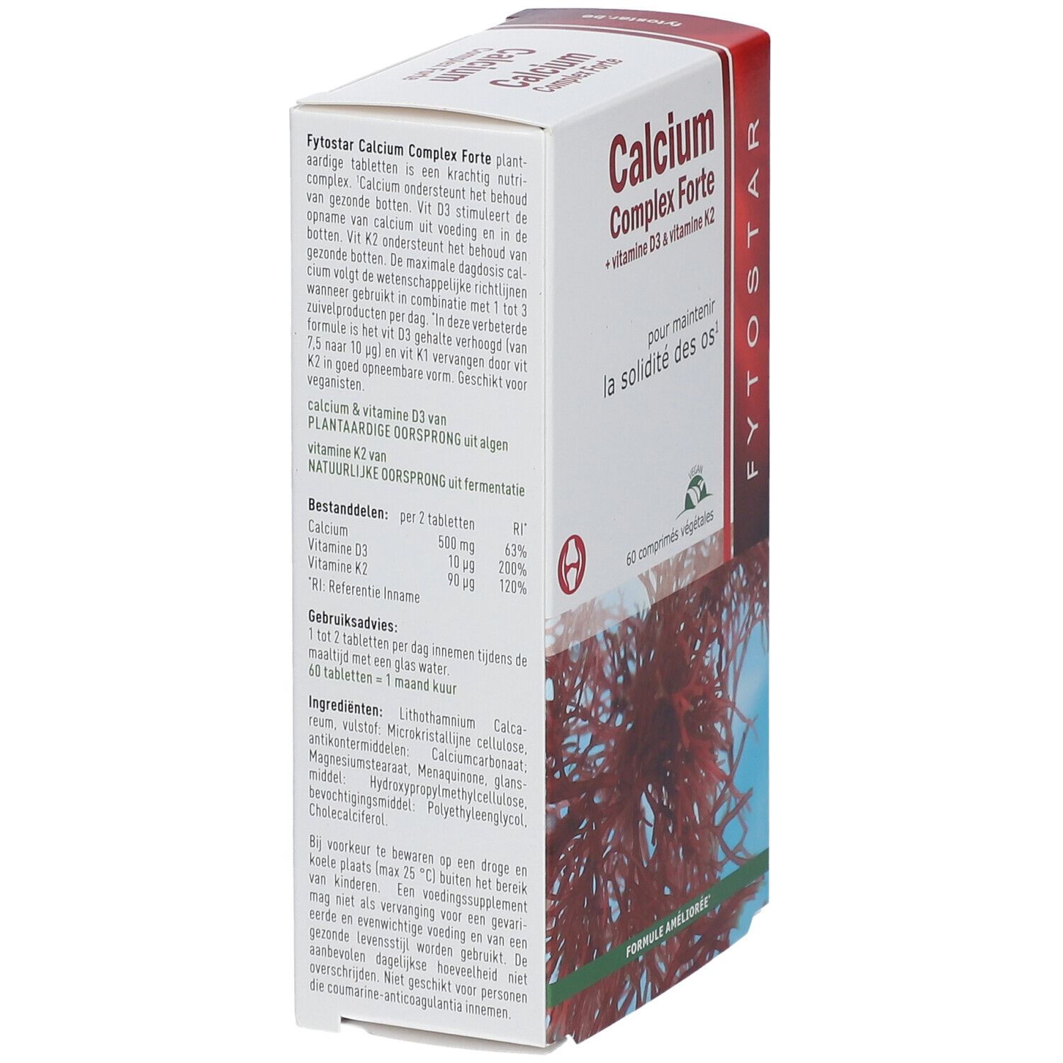 Zijaanzicht van de doos FYTOSTAR Calcium Complex Forte. Tekst en ingrediënten. 60 tabletten. Illustratie van rode algen.