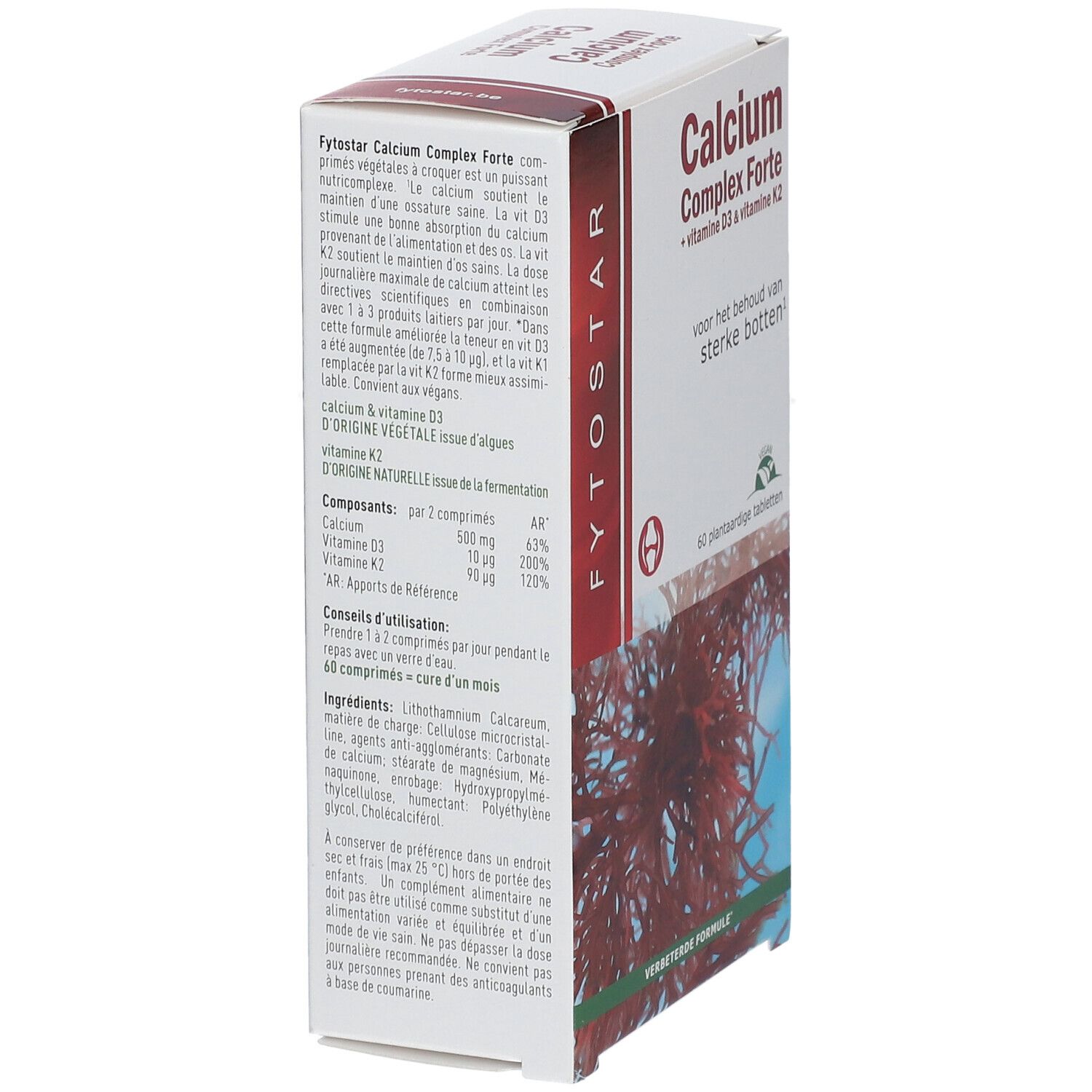 Doosje FYTOSTAR Calcium Complex Forte. Opschrift: Calcium Complex Forte + vitamine D3 & K2. 60 tabletten. Illustratie van rode algen.
