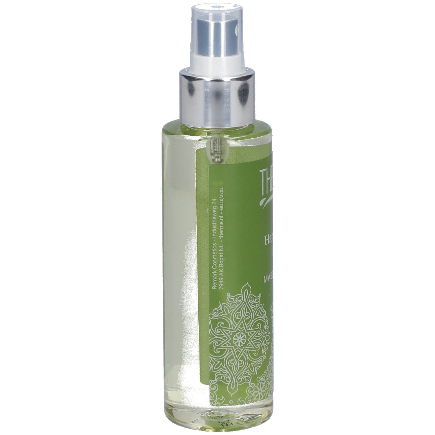 Grüne Flasche mit silbernem Sprühkopf. Aufschrift THERME, Hammam, Massage Oil. Rückseite mit Text und Muster.