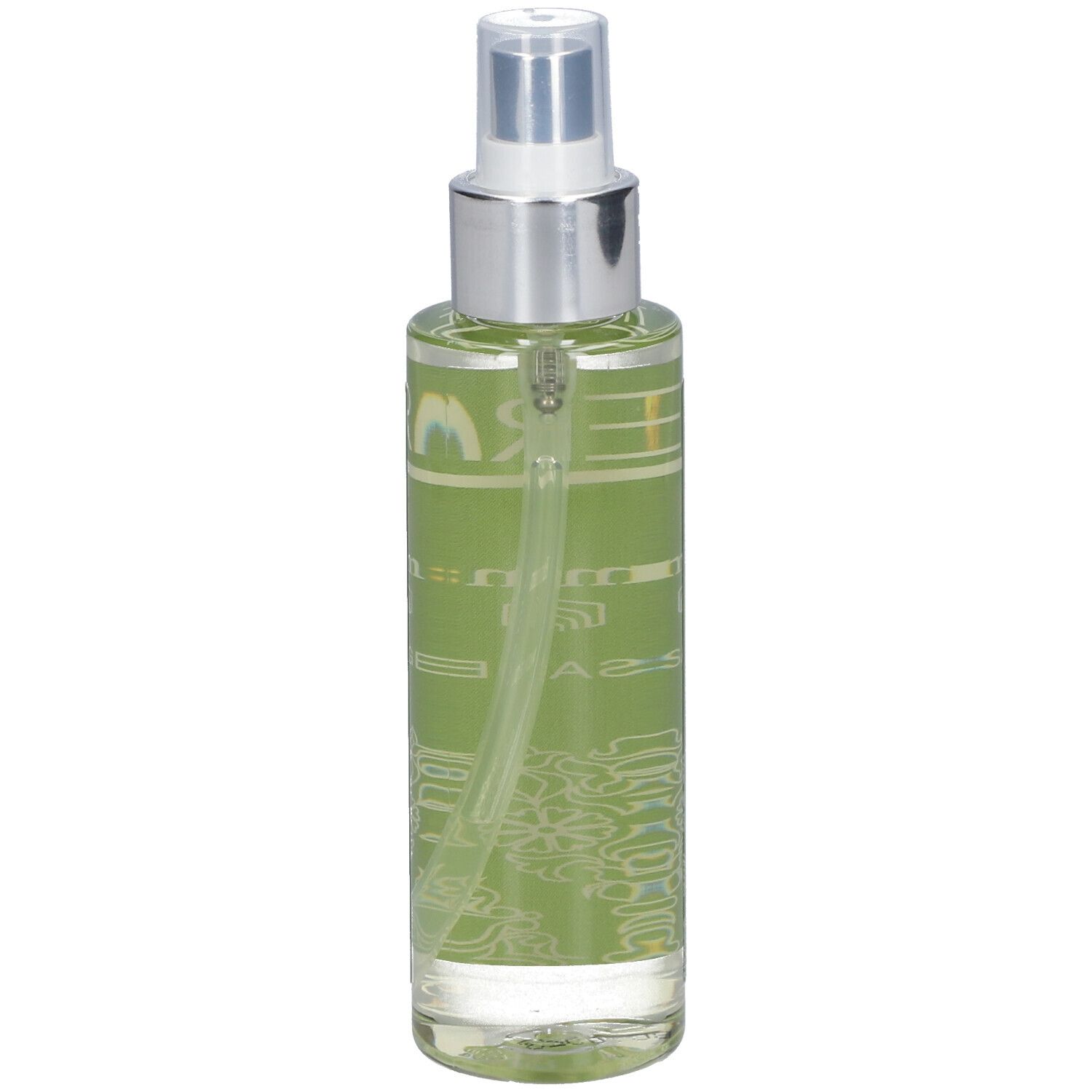 Grüne Flasche mit silbernem Sprühkopf. Aufschrift THERME, Hammam, Massage Oil. Detailansicht des Etiketts.