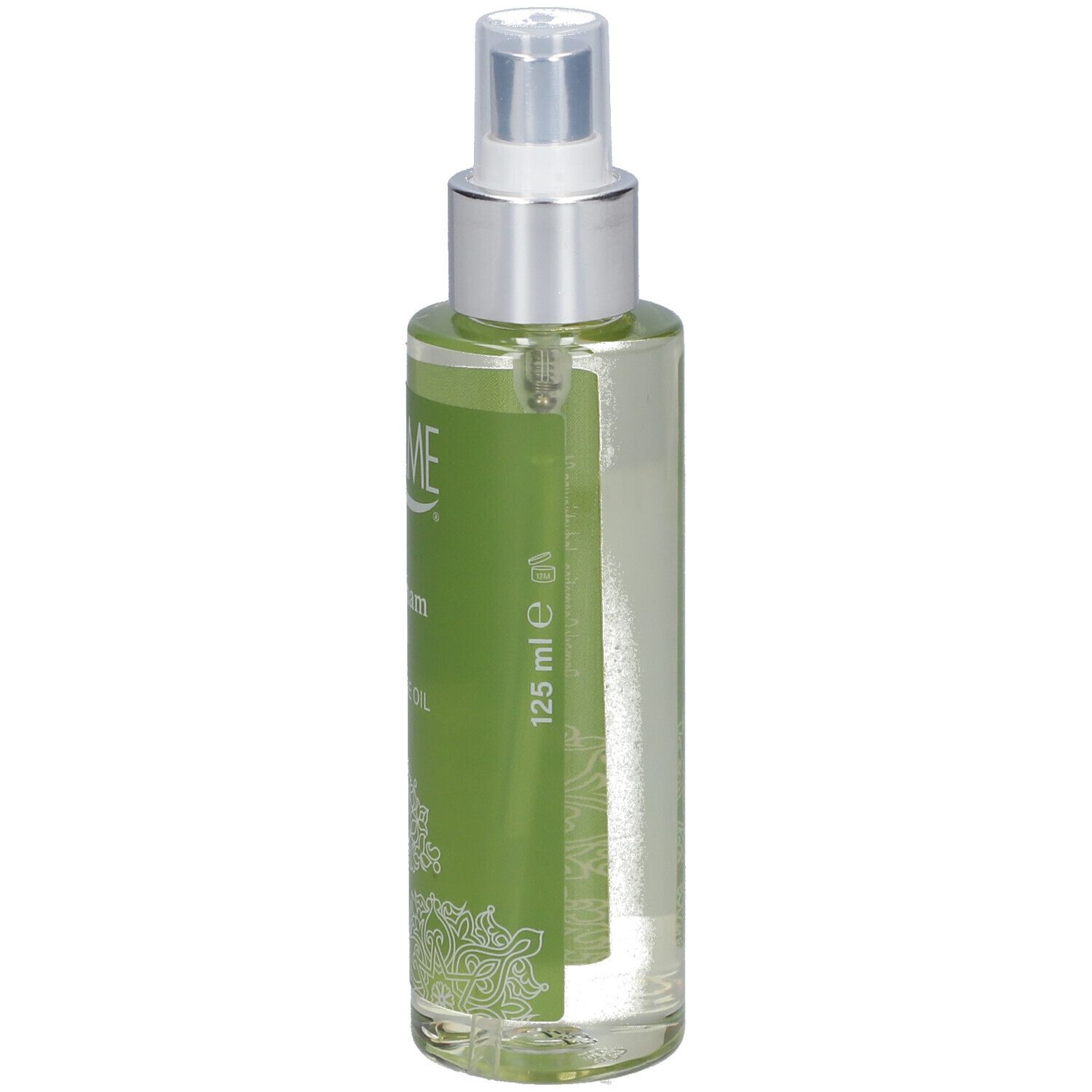 Grüne Flasche mit silbernem Sprühkopf. Aufschrift THERME, Hammam, Massage Oil. Volumenangabe 125 ml.