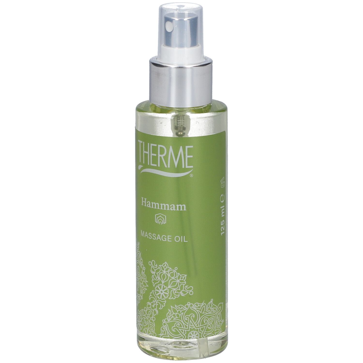 Grüne Flasche mit silbernem Sprühkopf. Aufschrift THERME, Hammam, Massage Oil. Volumenangabe 125 ml.