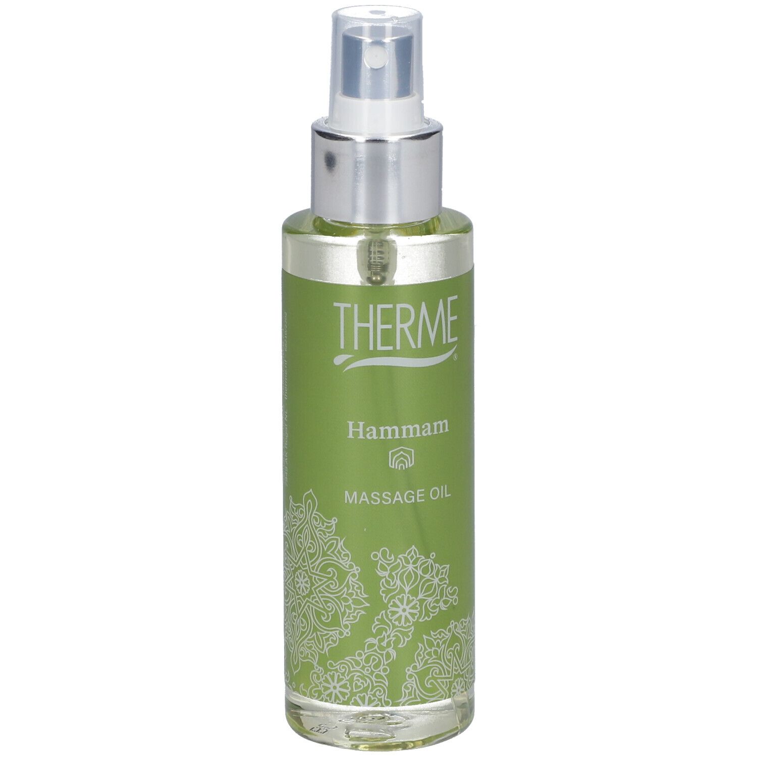 Grüne Flasche mit silbernem Sprühkopf. Aufschrift THERME, Hammam, Massage Oil. Produkt im Detail.