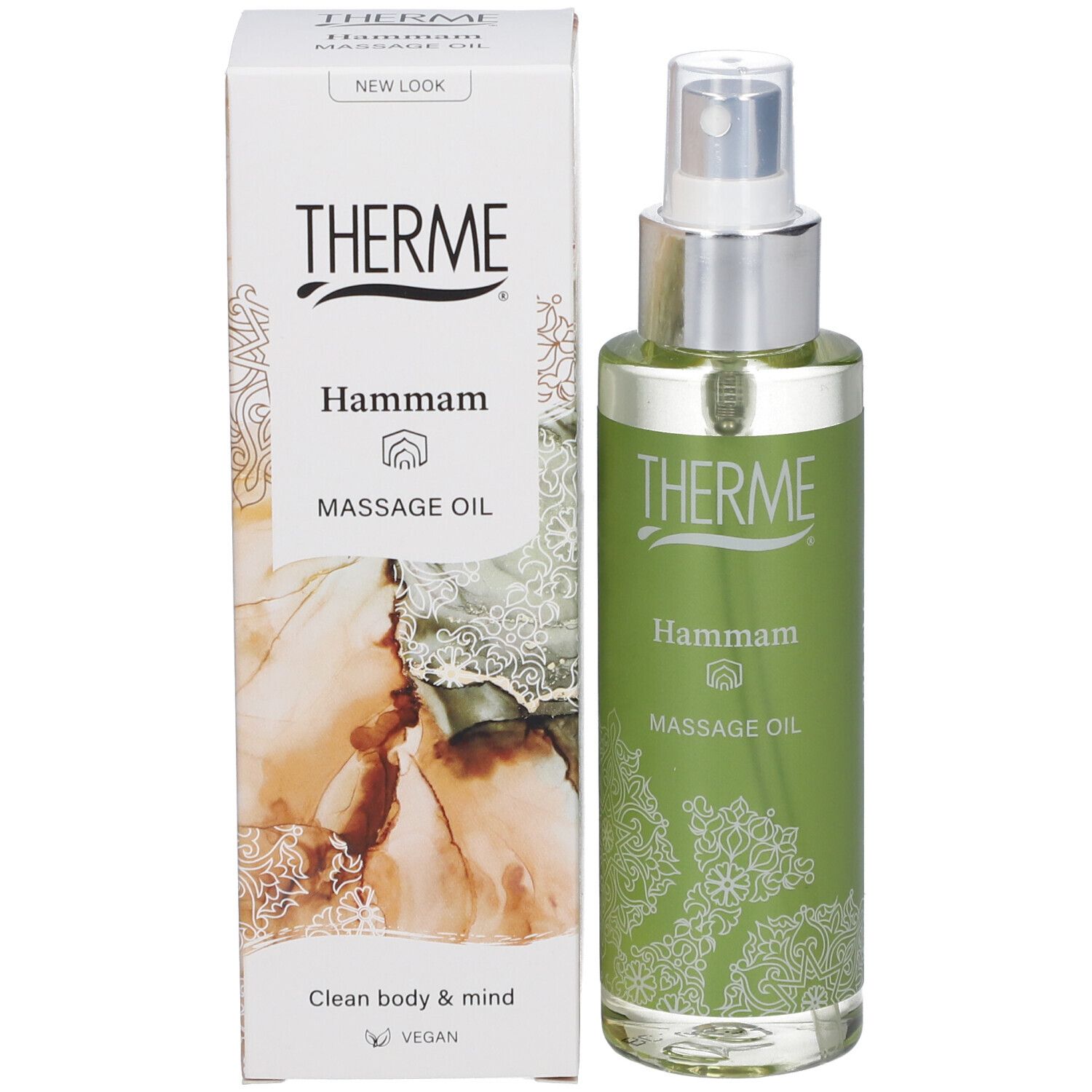 Produkt THERME Hammam Massageöl mit Verpackung. Flasche und Karton. Aufschrift THERME, Hammam, Massage Oil.