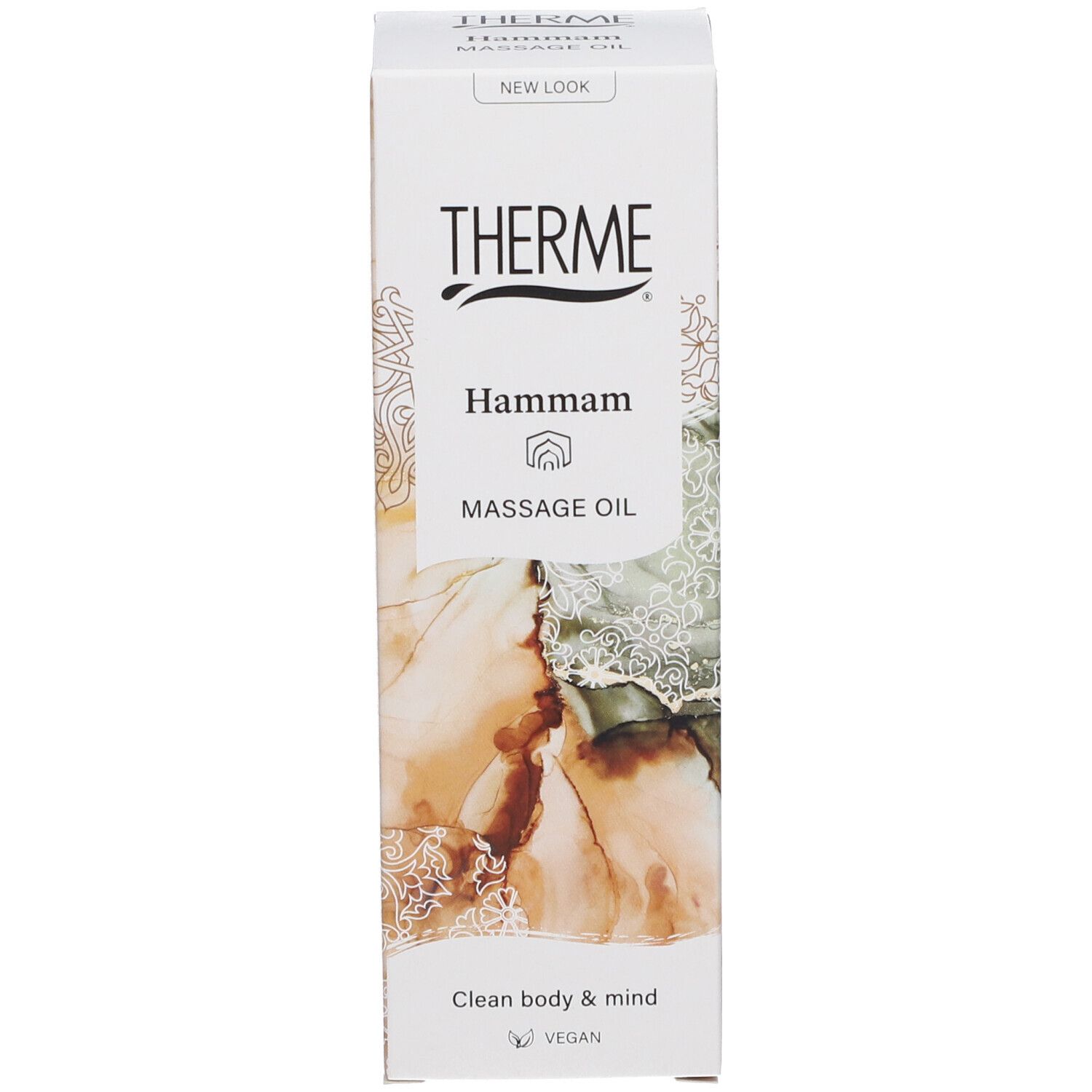 Produktverpackung THERME Hammam Massageöl. Karton mit Aufschrift THERME, Hammam, Massage Oil. Text: Clean body & mind.