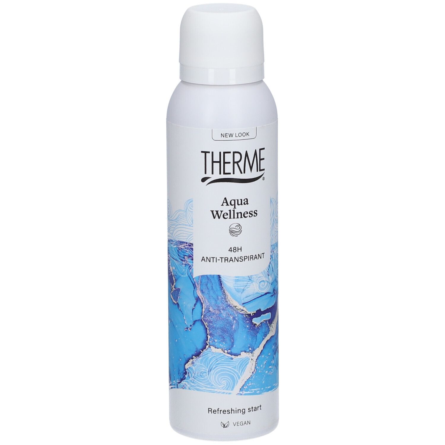 Weißes Deospray mit blauem Design. Aufschrift THERME Aqua Wellness, 48H Anti-Transpirant. Vegan.
