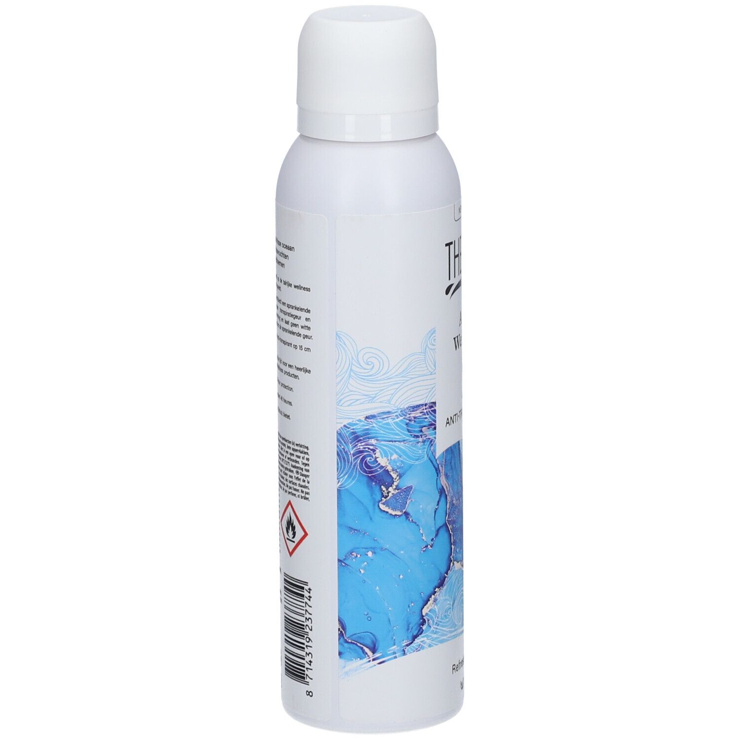 Weißes Deospray, seitliche Ansicht. Blaues Design, Aufschrift THERME Aqua Wellness. Warnhinweis: leicht entzündlich.