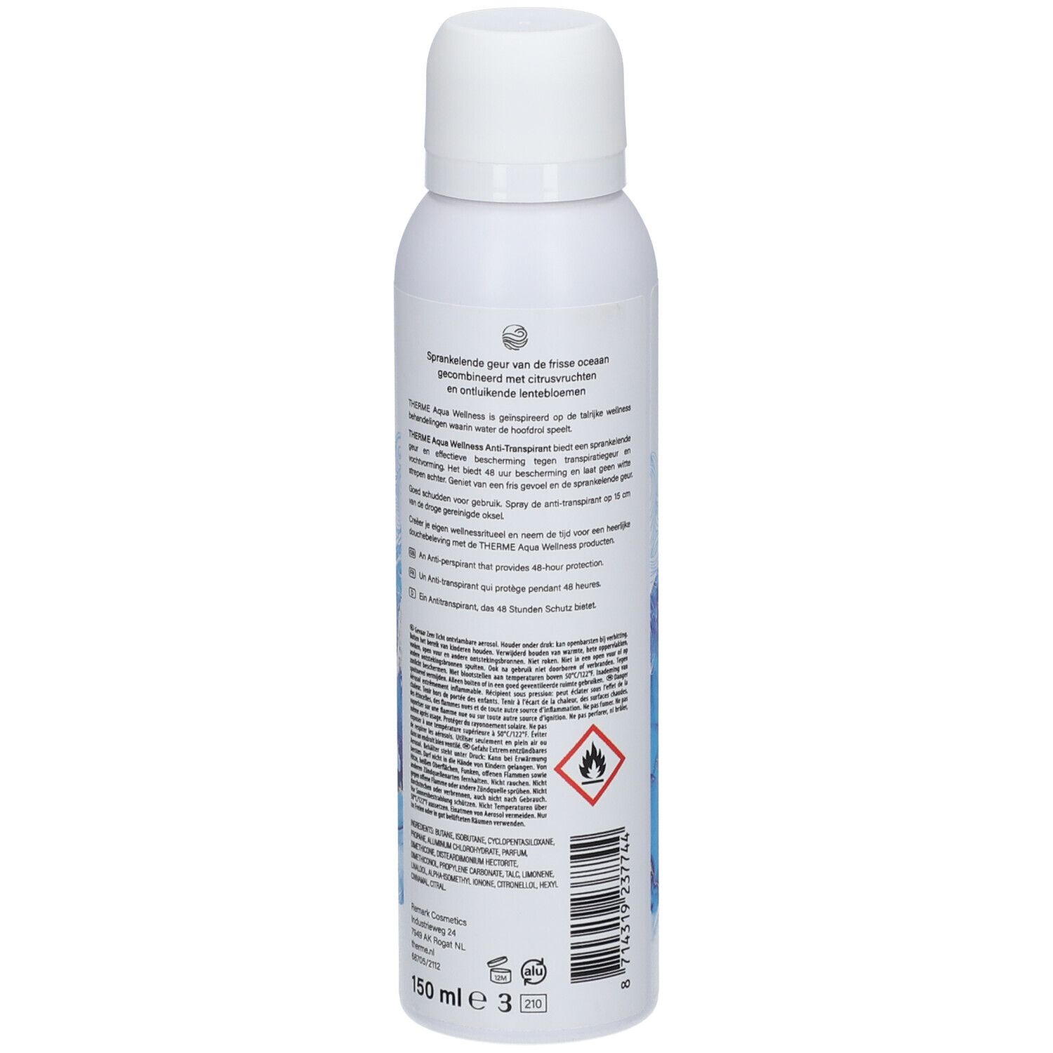 Weißes Deospray mit Text auf der Rückseite. Blaues Design, Aufschrift THERME Aqua Wellness. Warnhinweis: leicht entzündlich.