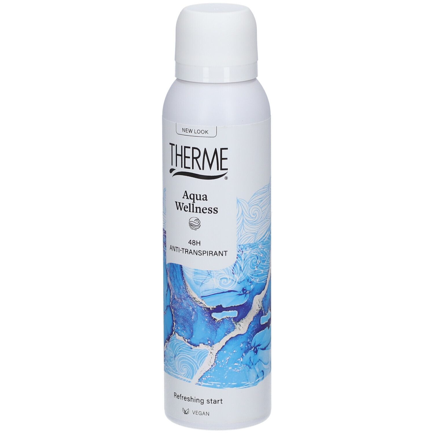 Weißes Deospray mit blauem Design. Aufschrift THERME Aqua Wellness, 48H Anti-Transpirant. Vegan.