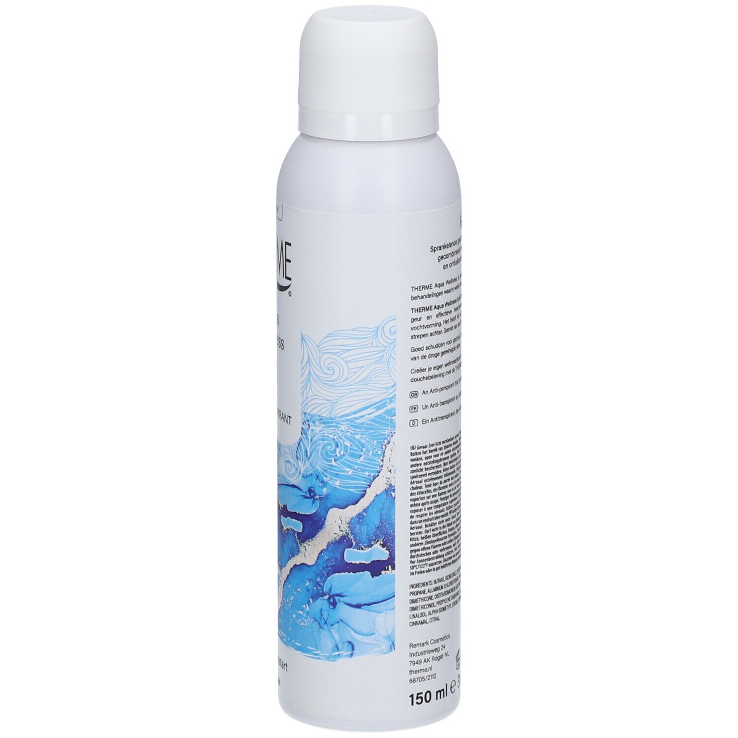 Weißes Deospray, seitliche Ansicht. Blaues Design, Aufschrift THERME Aqua Wellness. Text auf der Rückseite.