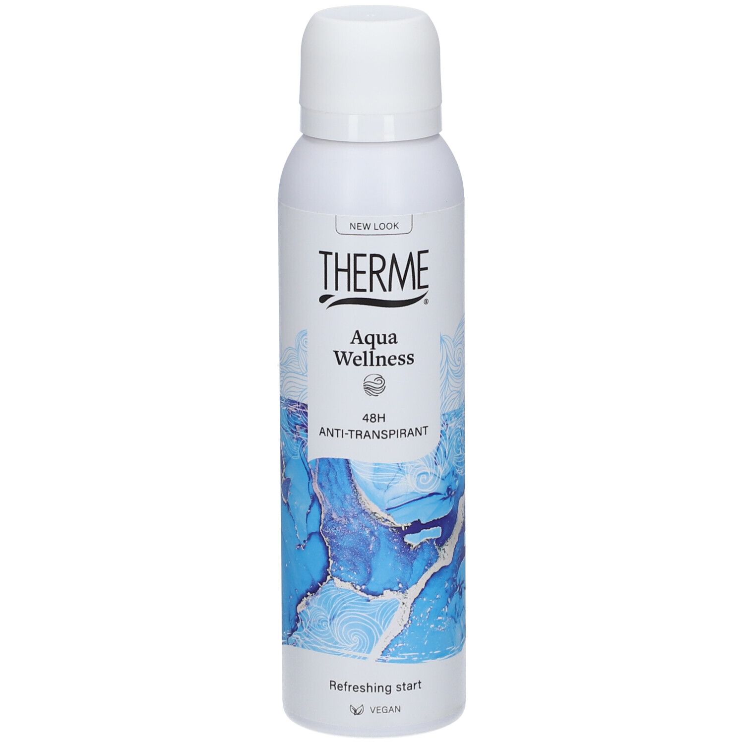 Weißes Deospray mit blauem Design. Aufschrift THERME Aqua Wellness, 48H Anti-Transpirant. Vegan.