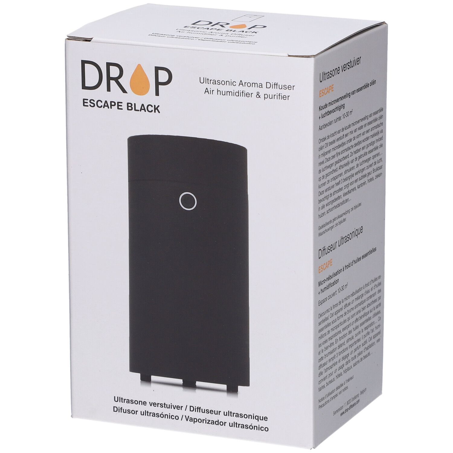 Diffuseur noir cylindrique dans une boîte blanche. La boîte porte l'inscription "DROP ESCAPE BLACK".