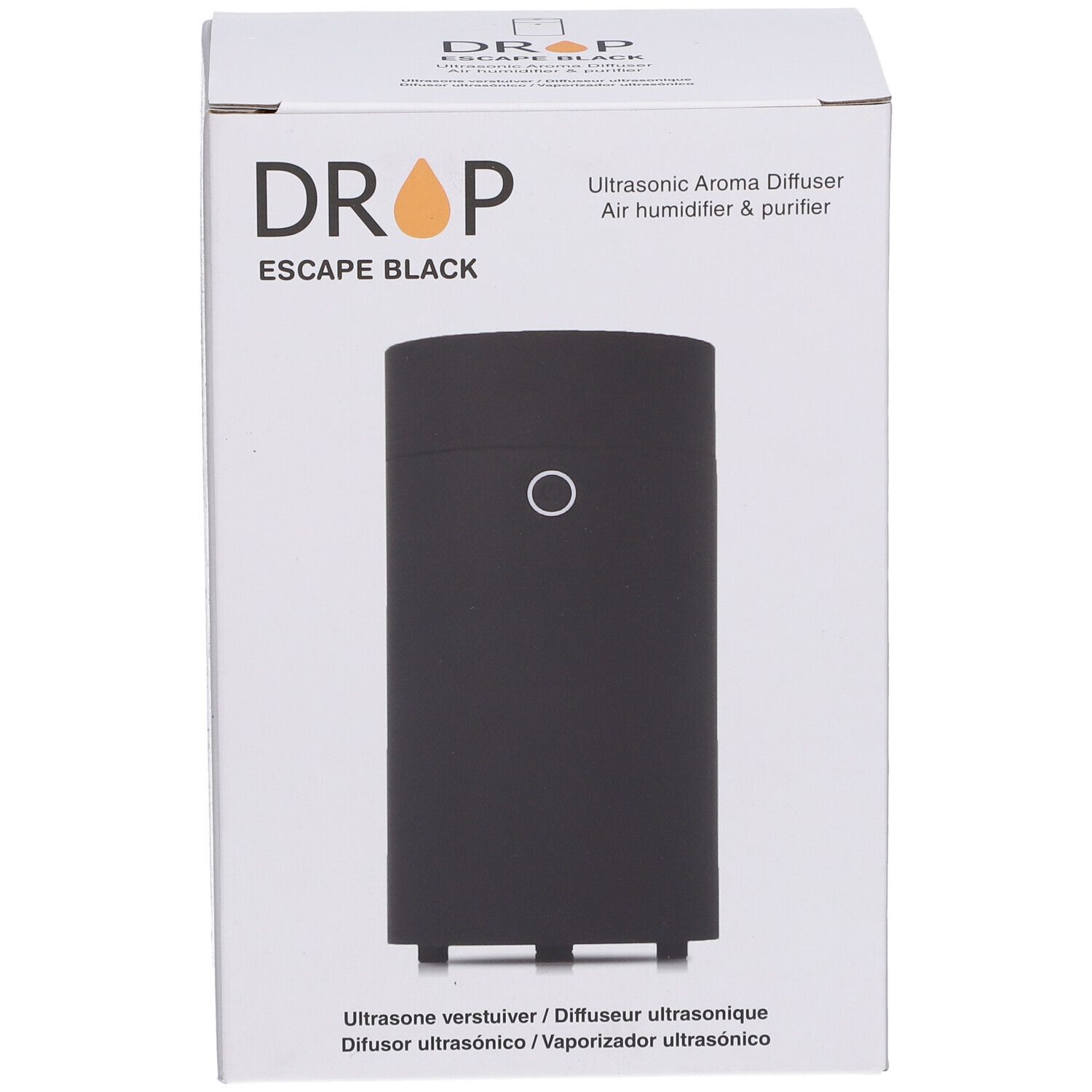 Diffuseur noir cylindrique dans une boîte blanche. La boîte porte l'inscription "DROP ESCAPE BLACK".