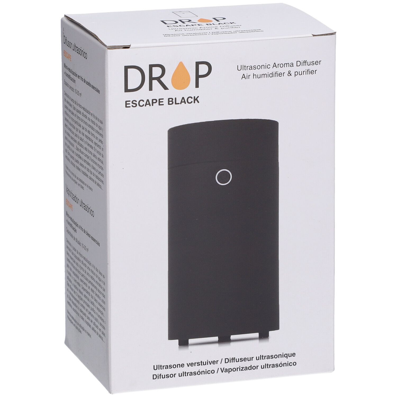 Diffuseur noir cylindrique dans une boîte blanche. La boîte porte l'inscription "DROP ESCAPE BLACK".