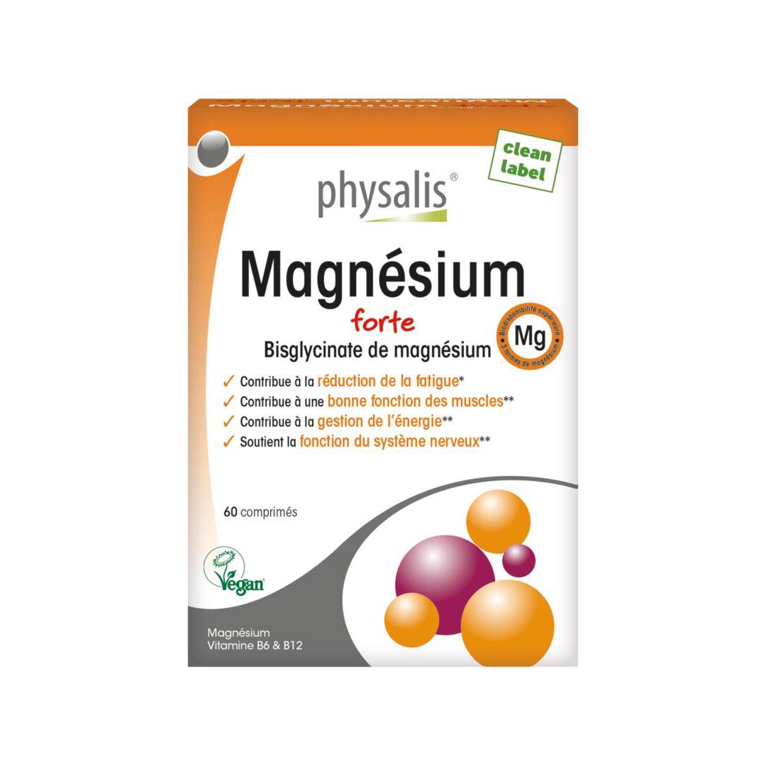 Boîte de Magnesium forte. Boîte orange et blanche avec nom du produit et symbole Mg. 60 comprimés, vegan.