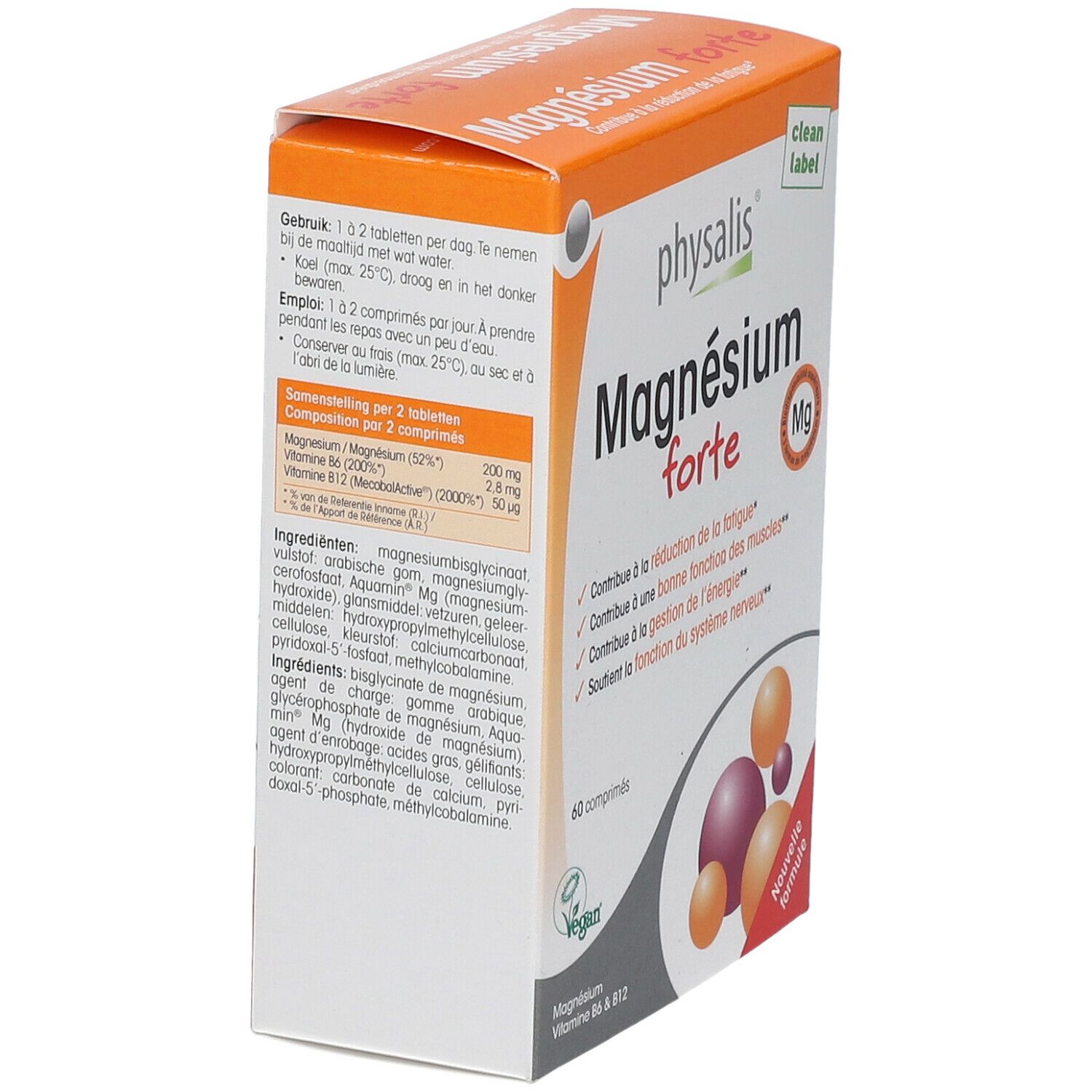 Boîte de Magnesium forte. Vue latérale avec informations sur les ingrédients et le dosage. Boîte orange et blanche, 60 comprimés.
