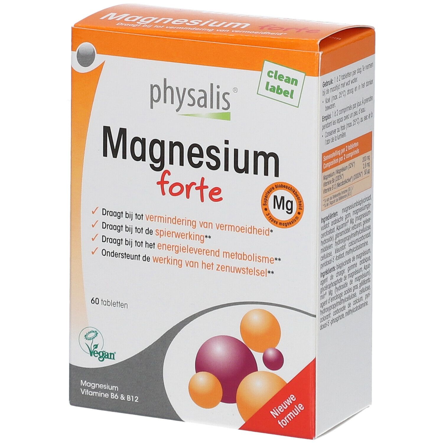 Boîte de Magnesium forte. Boîte orange et blanche avec nom du produit et symbole Mg. 60 comprimés, vegan.