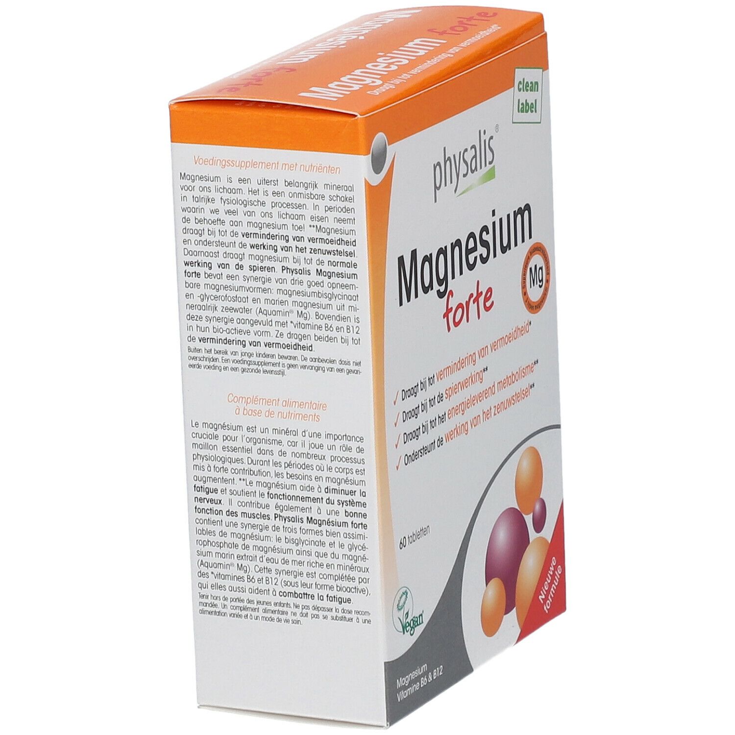 Boîte de Magnesium forte. Texte sur les avantages. Boîte orange et blanche, 60 comprimés, vegan.