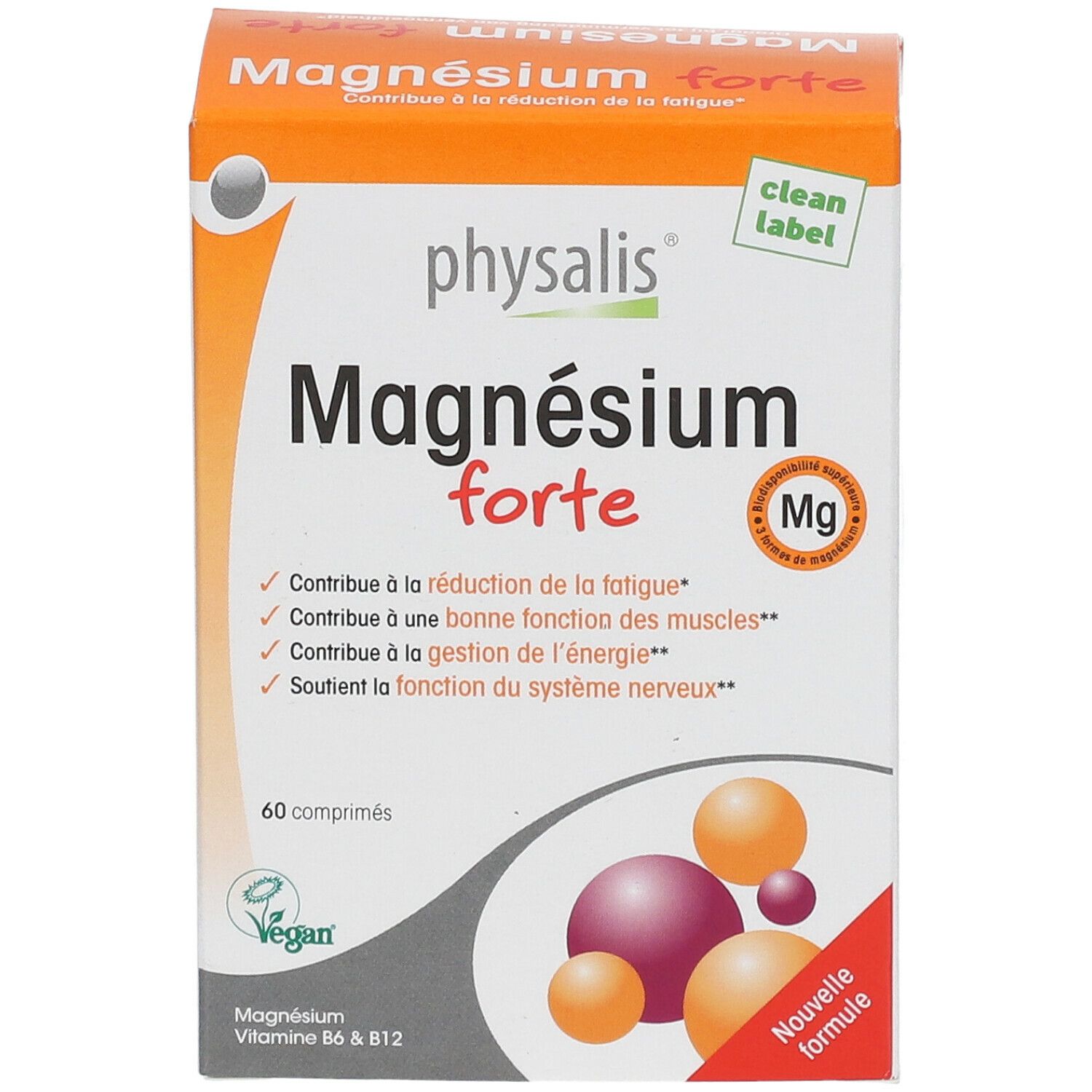 Boîte de Magnesium forte. Boîte orange et blanche avec nom du produit et symbole Mg. 60 comprimés, vegan.