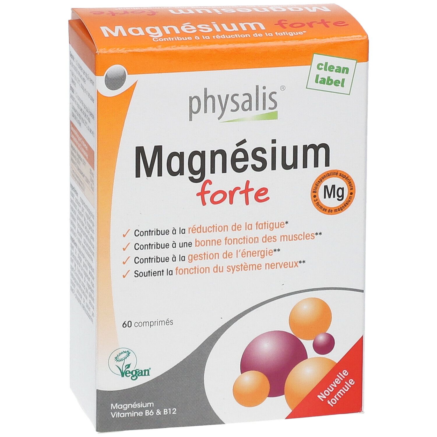 Boîte de Magnesium forte. Boîte orange et blanche avec nom du produit et symbole Mg. 60 comprimés, vegan.