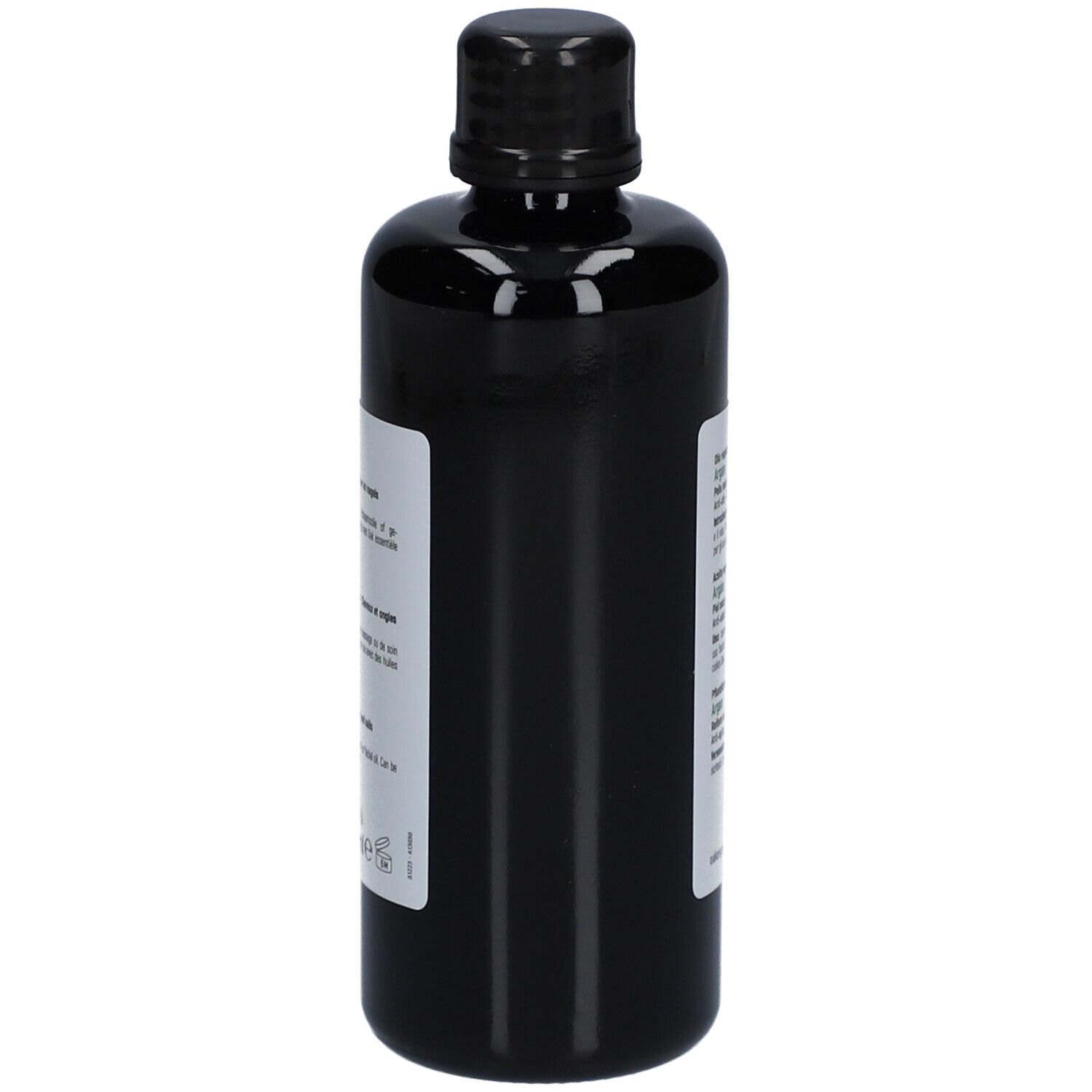 Schwarze Flasche mit Etikett. Das Etikett enthält Text. Der Hintergrund ist weiß.