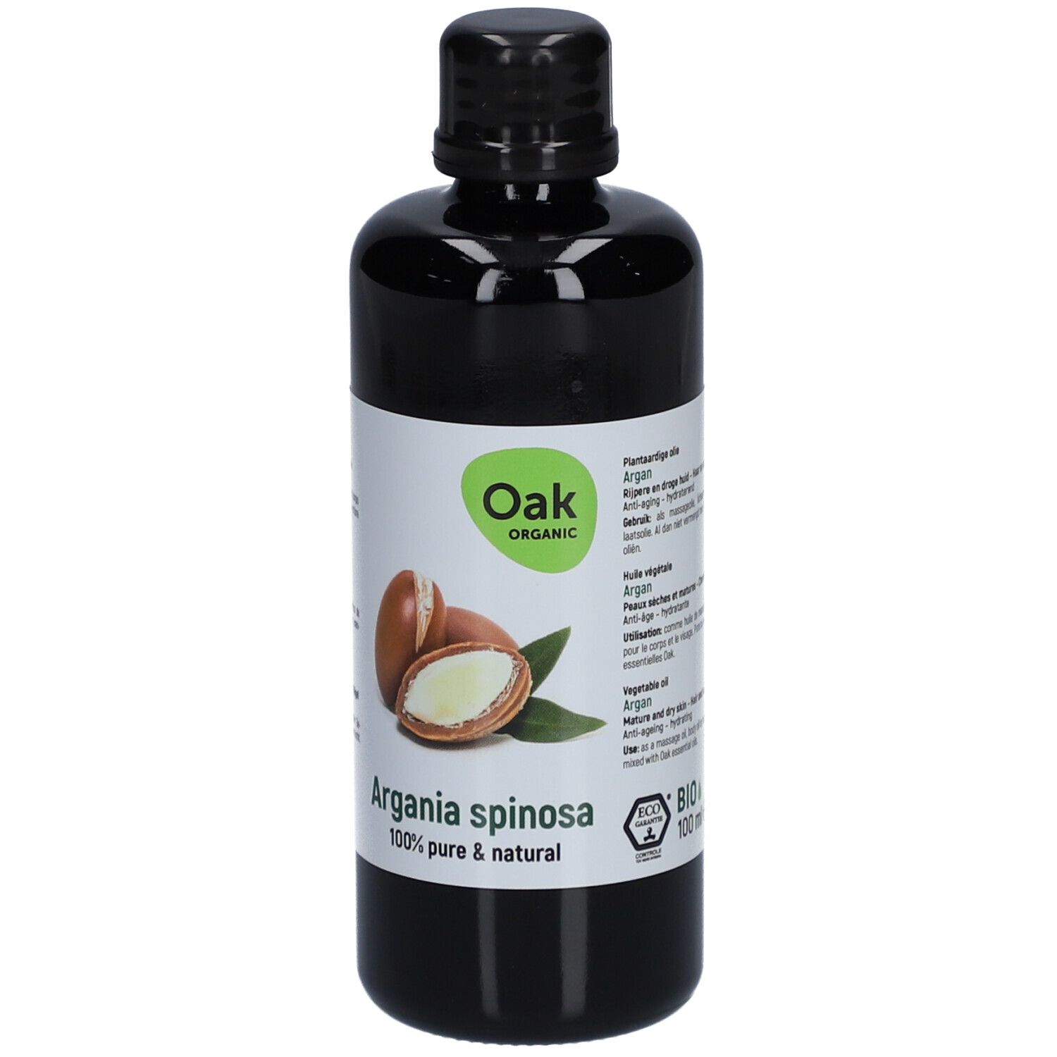Schwarze Flasche mit Etikett. Auf dem Etikett: Oak Organic, Argania spinosa, 100% pure & natural. Abbildung von Arganfrüchten.