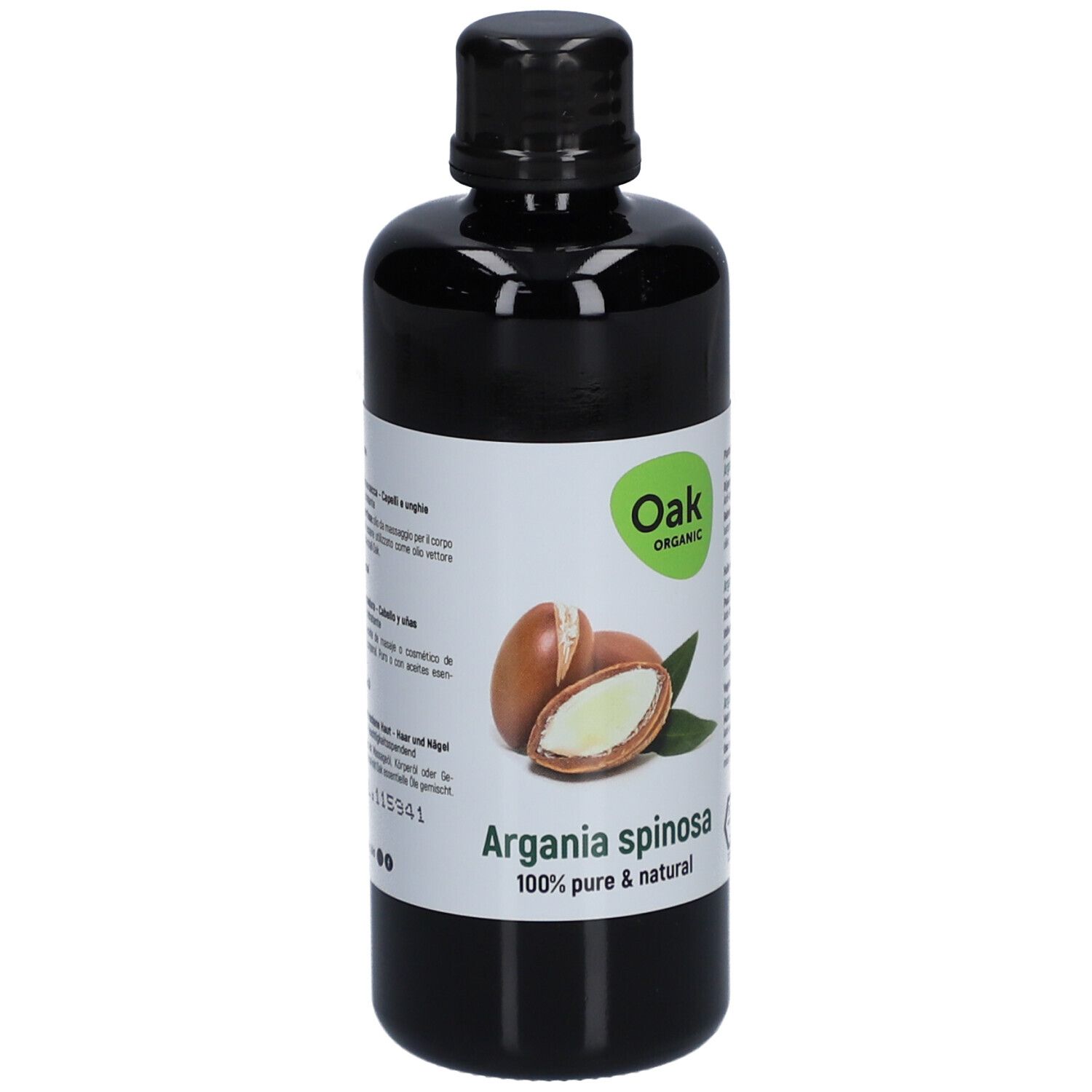 Schwarze Flasche mit Etikett. Auf dem Etikett: Oak Organic, Argania spinosa, 100% pure & natural. Abbildung von Arganfrüchten.