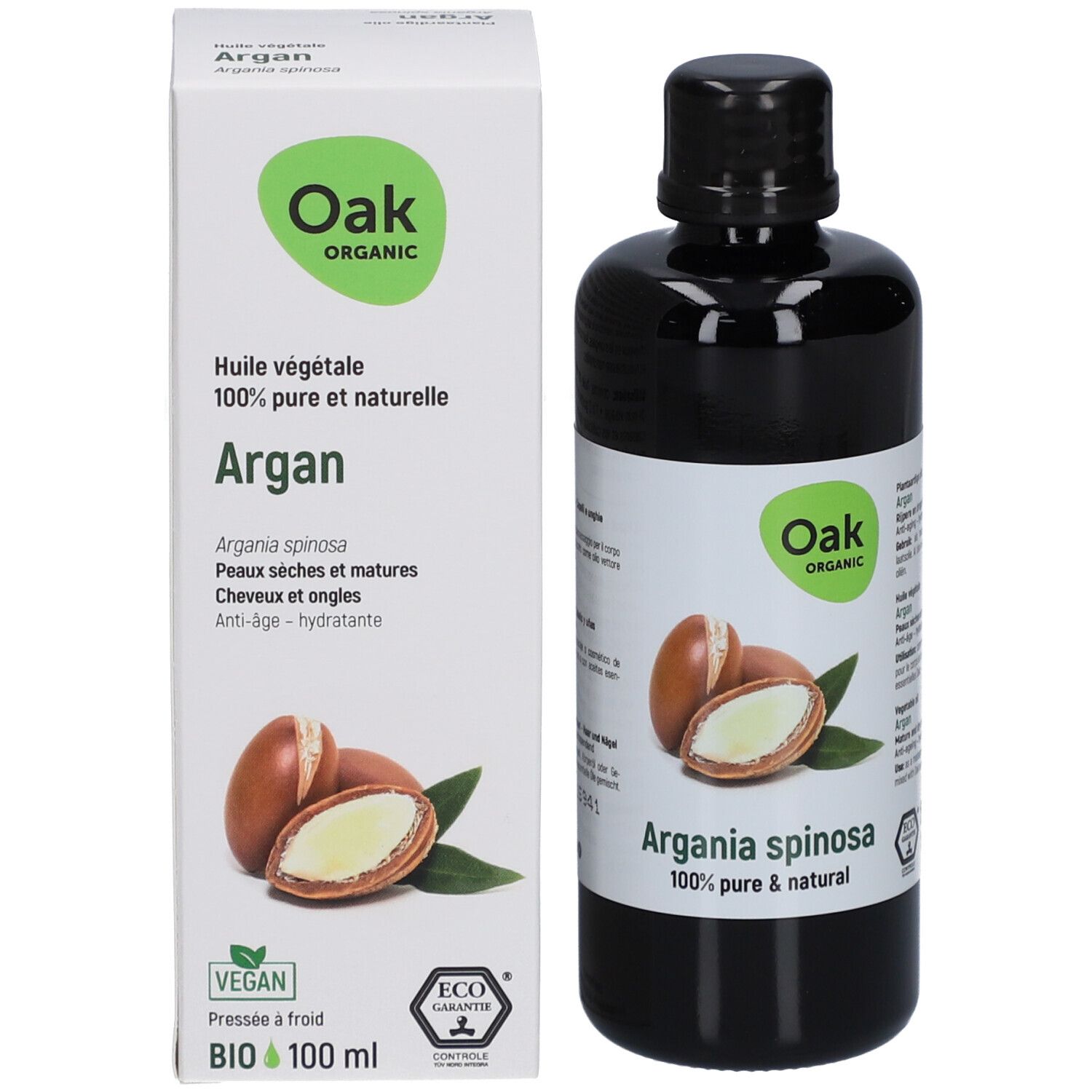 Flasche und Schachtel. Auf der Flasche: Oak Organic, Argania spinosa. Auf der Schachtel: Oak Organic, Argan, 100 ml, Bio-Zertifizierung.