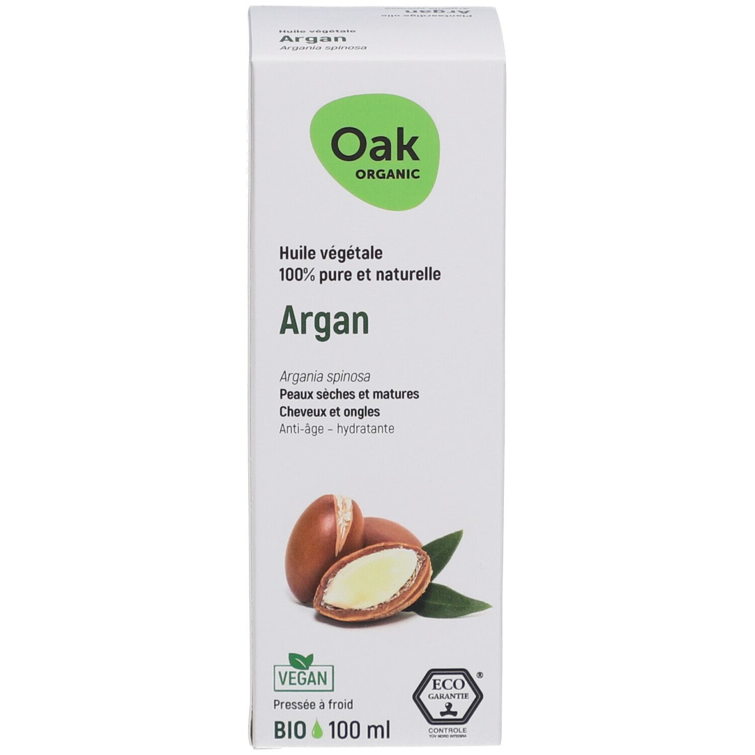 Weiße Schachtel mit Produktinformationen. Auf der Schachtel: Oak Organic, Argan, 100 ml, Bio-Zertifizierung. Abbildung von Arganfrüchten.
