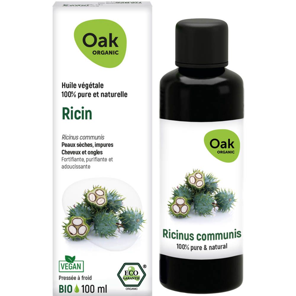 Emballage et flacon. Oak Organic, Huile végétale Ricin. Certification BIO, 100 ml. Vegan.