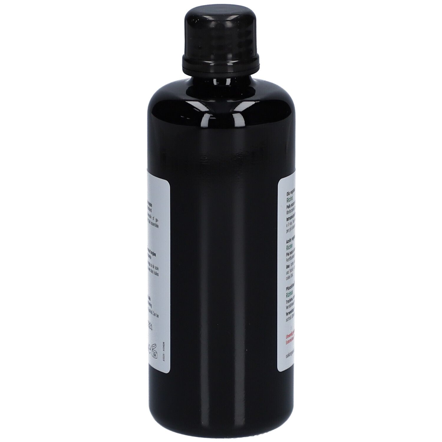 Flacon noir avec bouchon noir. Étiquette avec texte. Oak Organic, Ricinus communis, 100% pur & naturel.