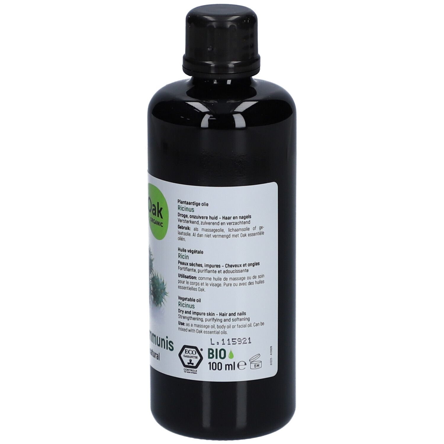 Flacon noir avec étiquette. Oak Organic, Ricinus communis, 100% pur & naturel. Certification BIO, 100 ml.