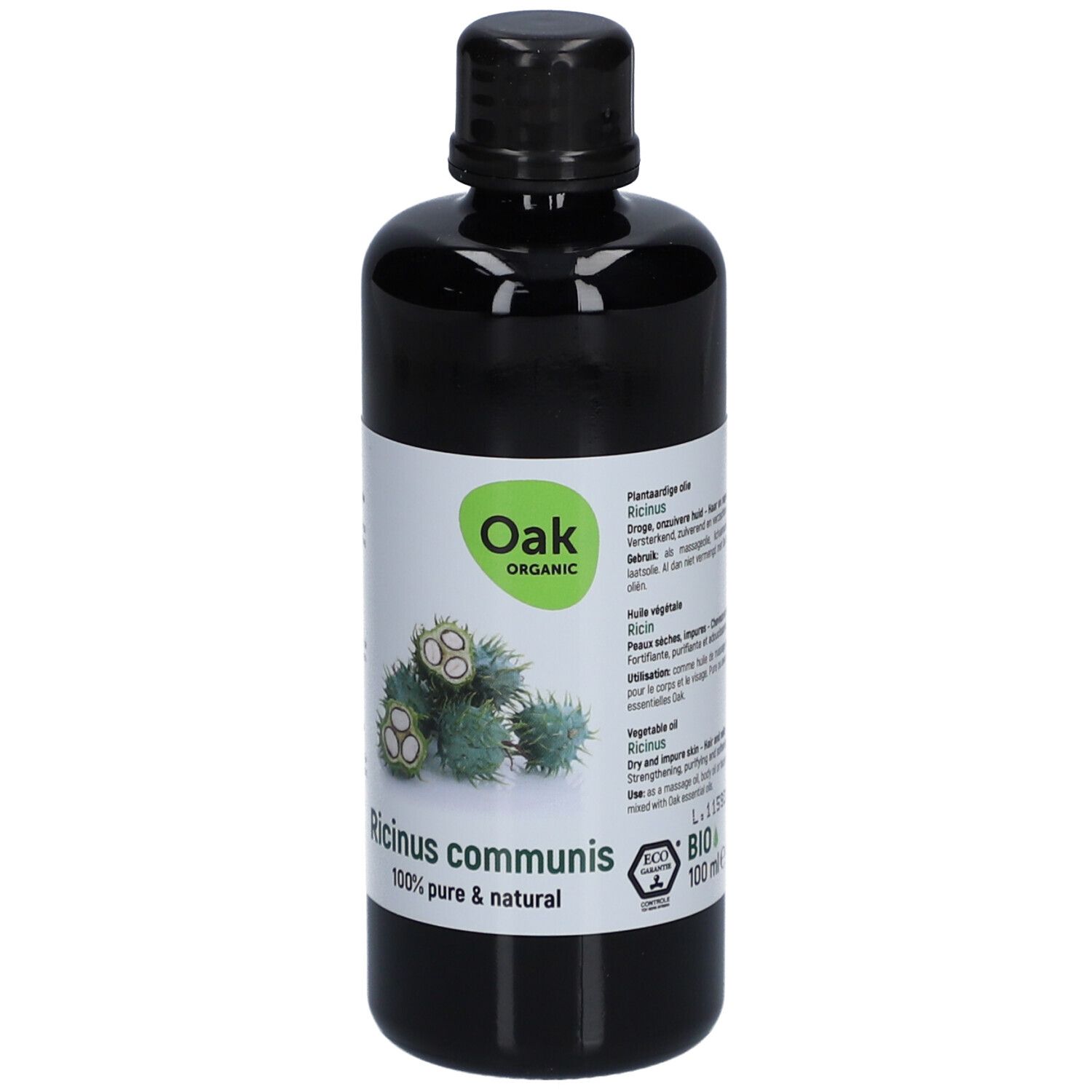 Flacon noir avec étiquette. Oak Organic, Ricinus communis, 100% pur & naturel. Certification BIO, 100 ml.