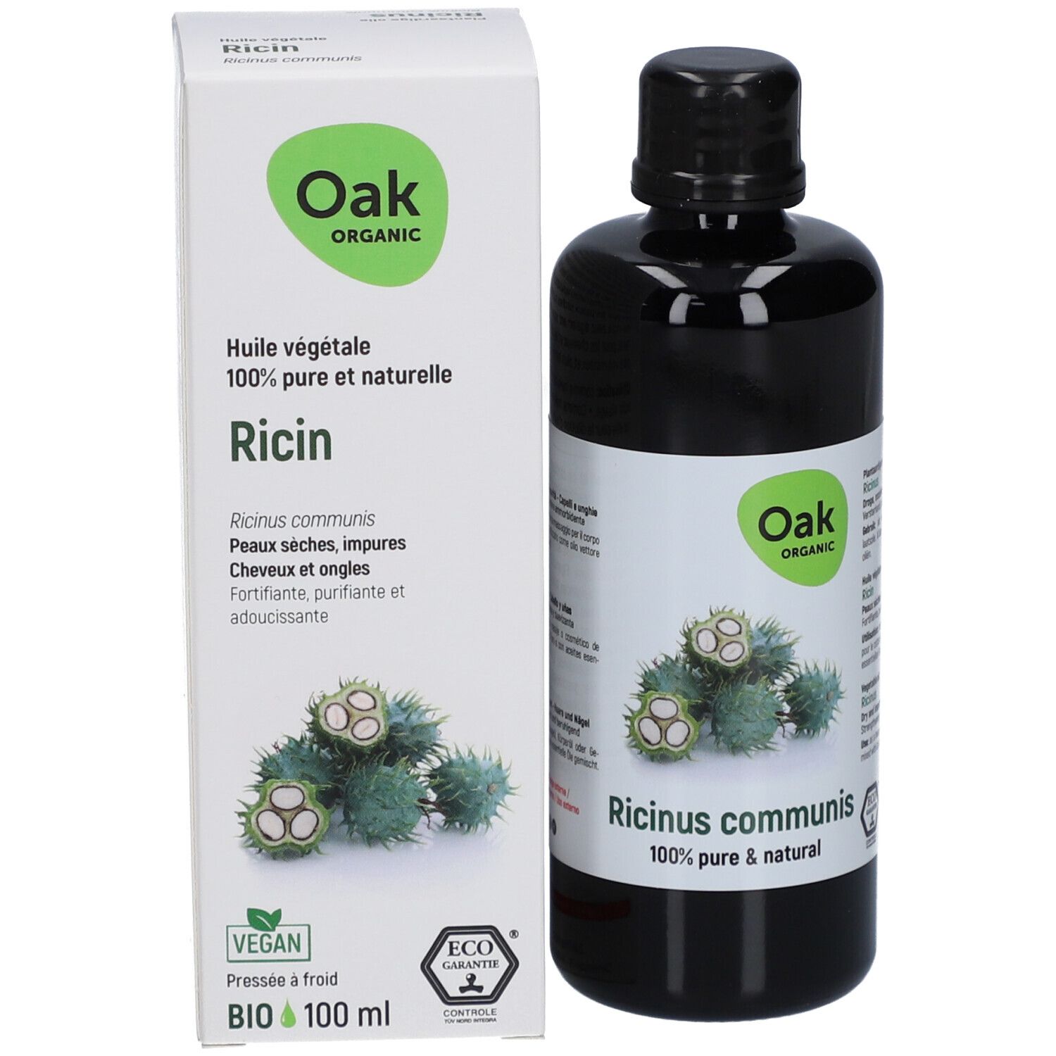 Emballage et flacon. Oak Organic, Huile végétale Ricin. Certification BIO, 100 ml. Vegan.