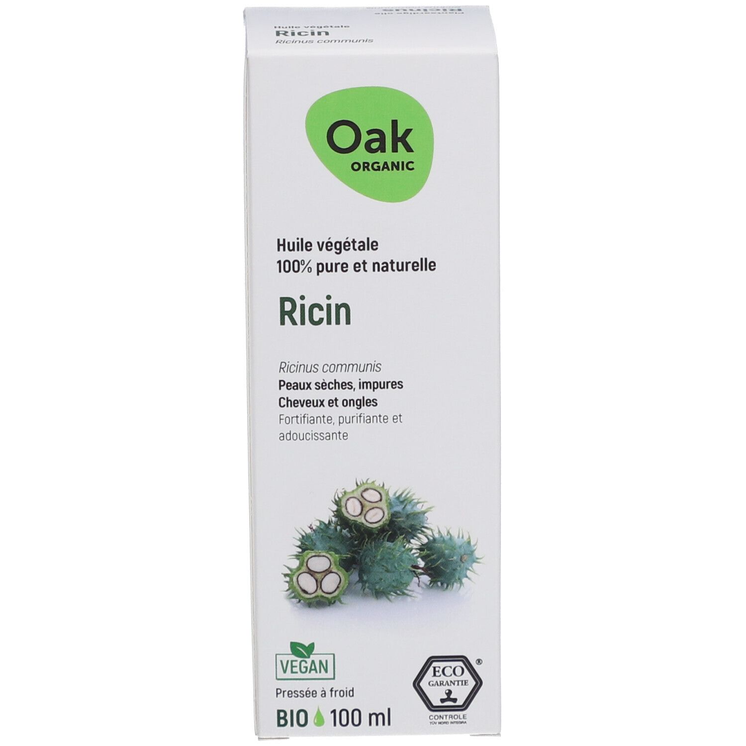 Emballage. Oak Organic, Huile végétale Ricin. Certification BIO, 100 ml. Vegan. Illustration de fruits de ricin.