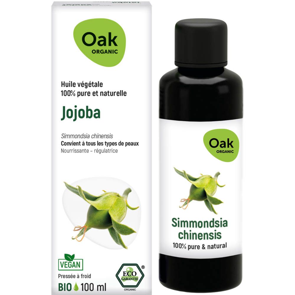 Emballage et flacon. Emballage : blanc avec des accents verts. Flacon : noir avec étiquette blanche. Oak Organic.