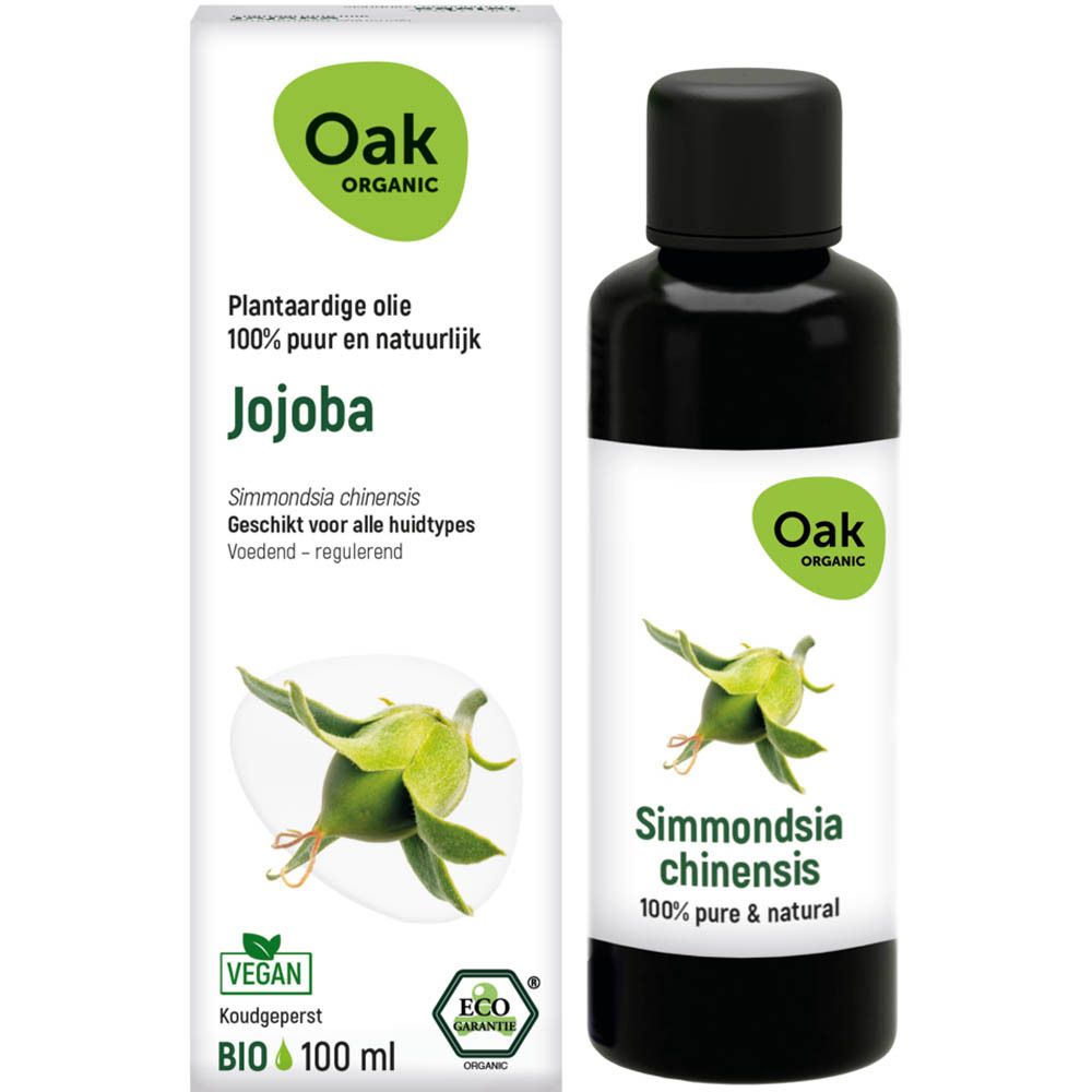 Verpakking en fles. Verpakking: wit met groene accenten. Fles: zwart met wit etiket. Oak Organic.
