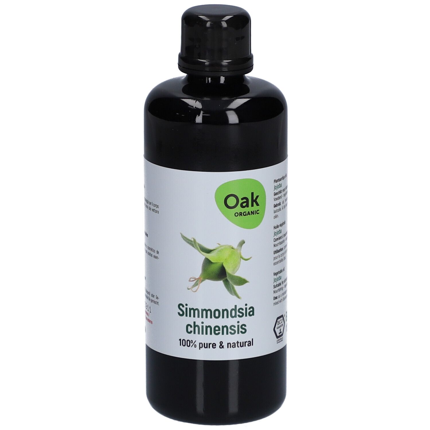 Schwarze Flasche mit weißem Etikett. Aufschrift: Oak Organic, Simmondsia chinensis, 100% pure & natural. Grünes Logo.