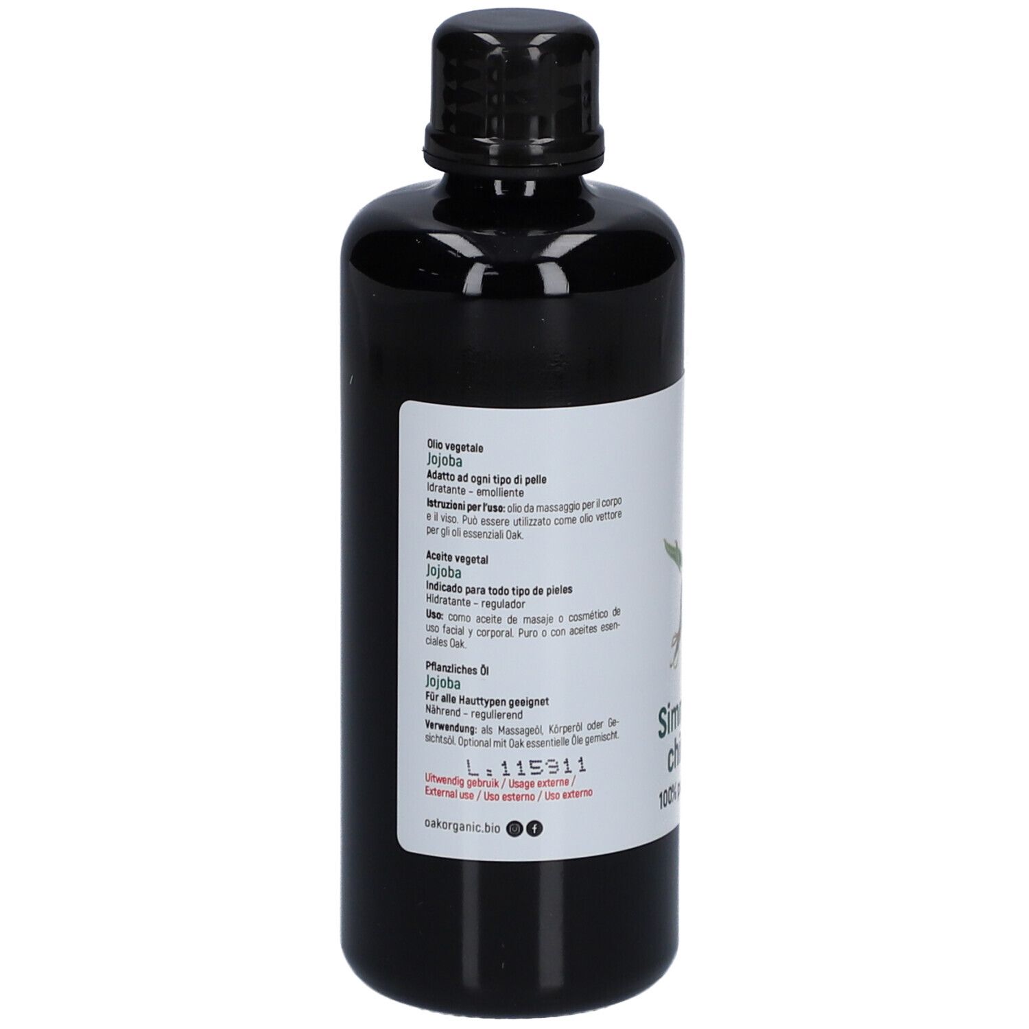 Schwarze Flasche mit weißem Etikett. Text in italienischer Sprache. Oak Organic, Simmondsia chinensis, 100% pure & natural.