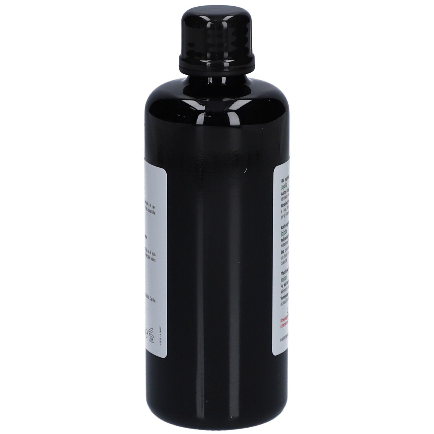 Schwarze Flasche mit weißem Etikett. Text in italienischer Sprache. Oak Organic, Simmondsia chinensis, 100% pure & natural.