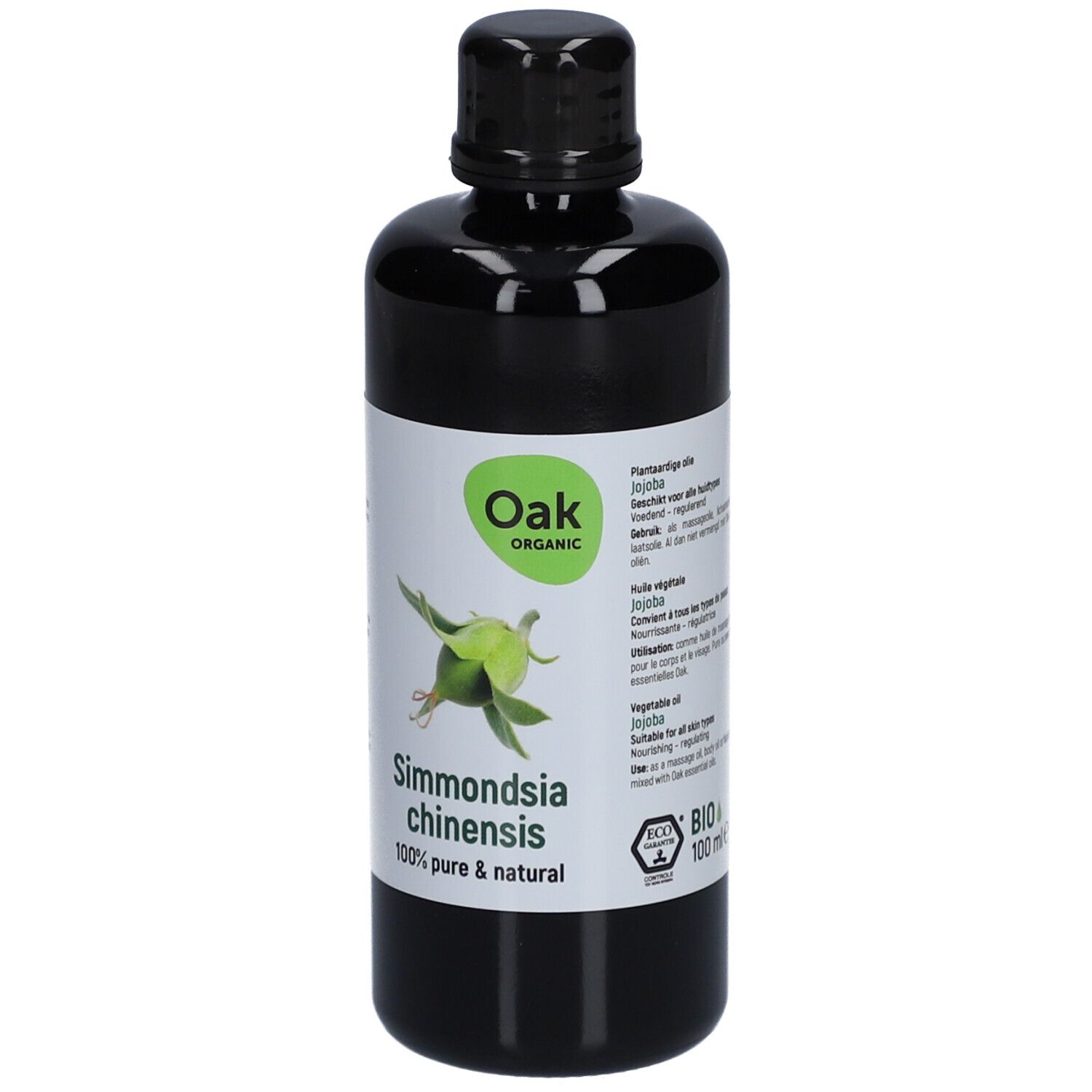 Schwarze Flasche mit weißem Etikett. Aufschrift: Oak Organic, Simmondsia chinensis, 100% pure & natural. 100 ml.