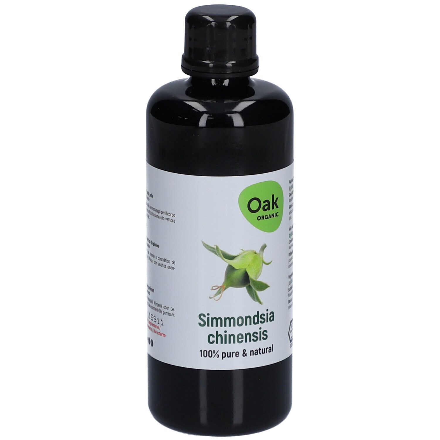 Schwarze Flasche mit weißem Etikett. Aufschrift: Oak Organic, Simmondsia chinensis, 100% pure & natural. 100 ml.