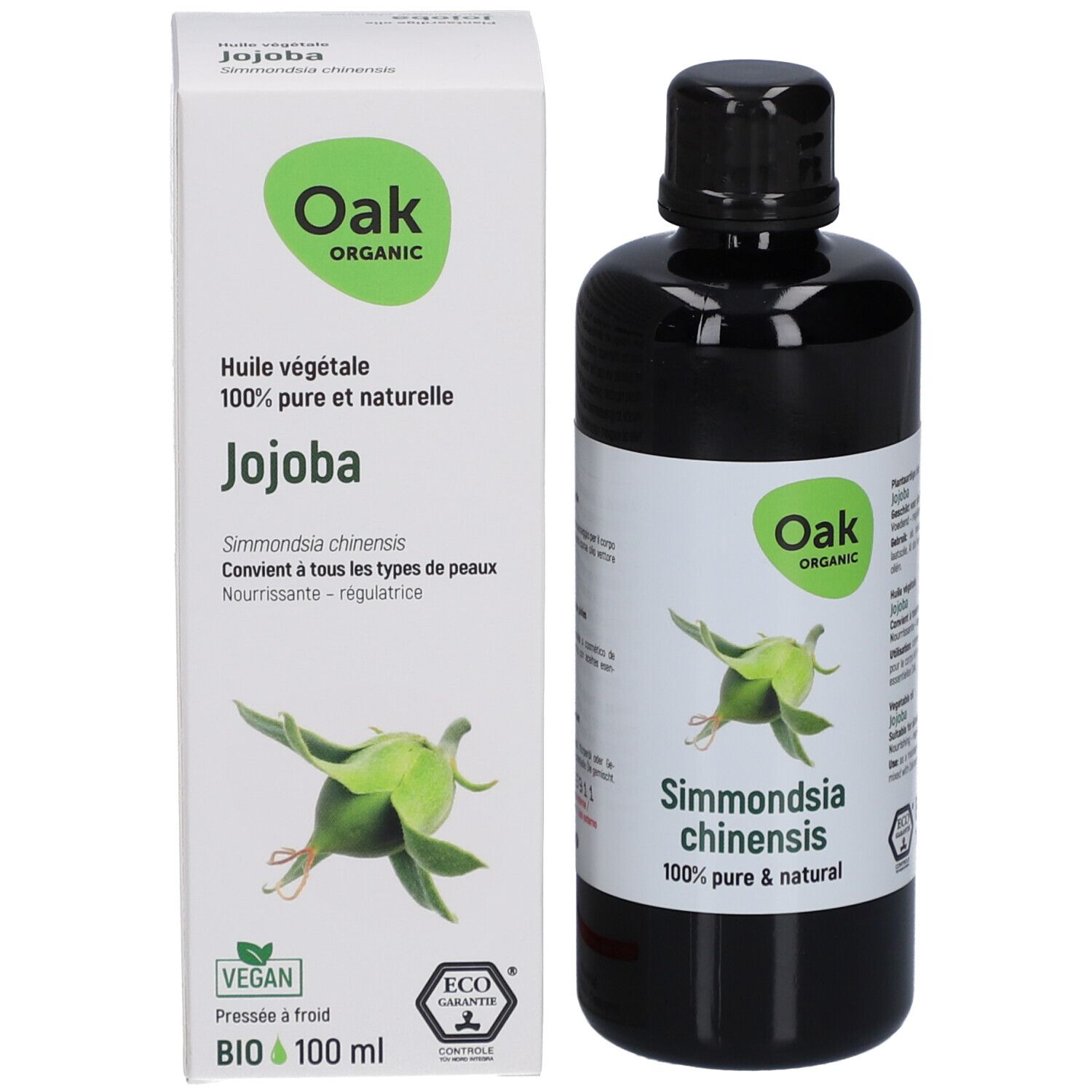 Produktverpackung und Flasche. Verpackung: weiß mit grünen Akzenten. Flasche: schwarz mit weißem Etikett. Oak Organic.