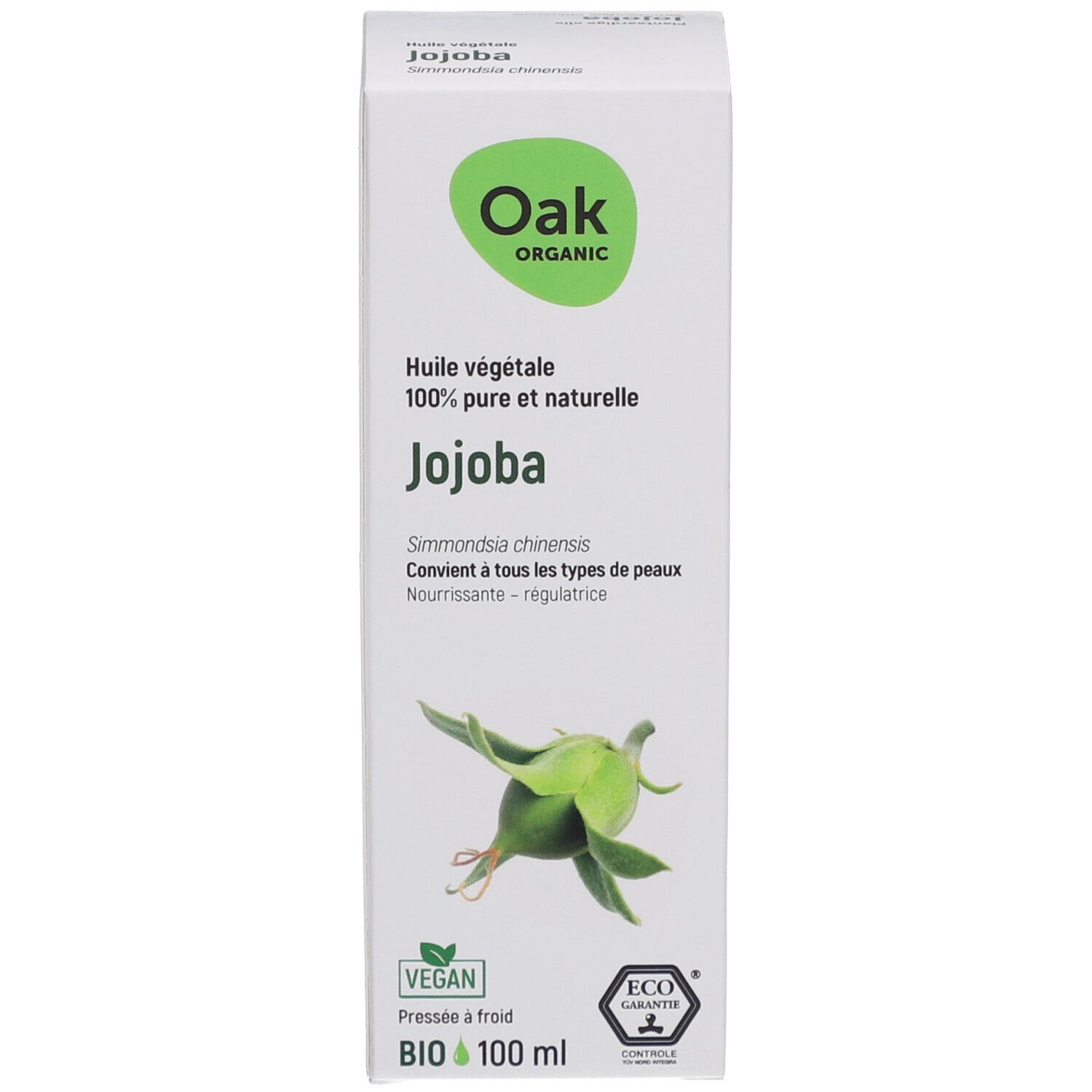 Weiße Produktverpackung mit grünen Akzenten. Aufschrift: Oak Organic, Huile végétale Jojoba, 100% pure et naturelle.