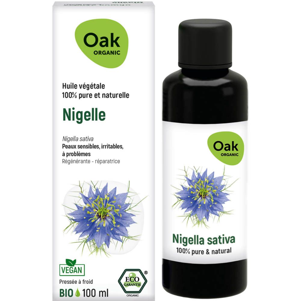 Emballage et flacon. Oak Organic Nigella, 100 ml. Vegan. Certification bio. Illustration de fleur.