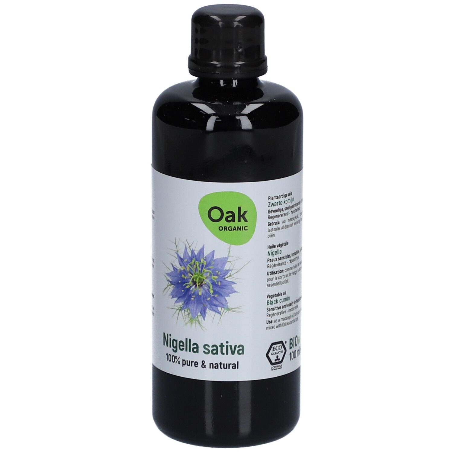 Flacon noir avec étiquette. Oak Organic, Nigella sativa, 100% pur & naturel. Certification bio.