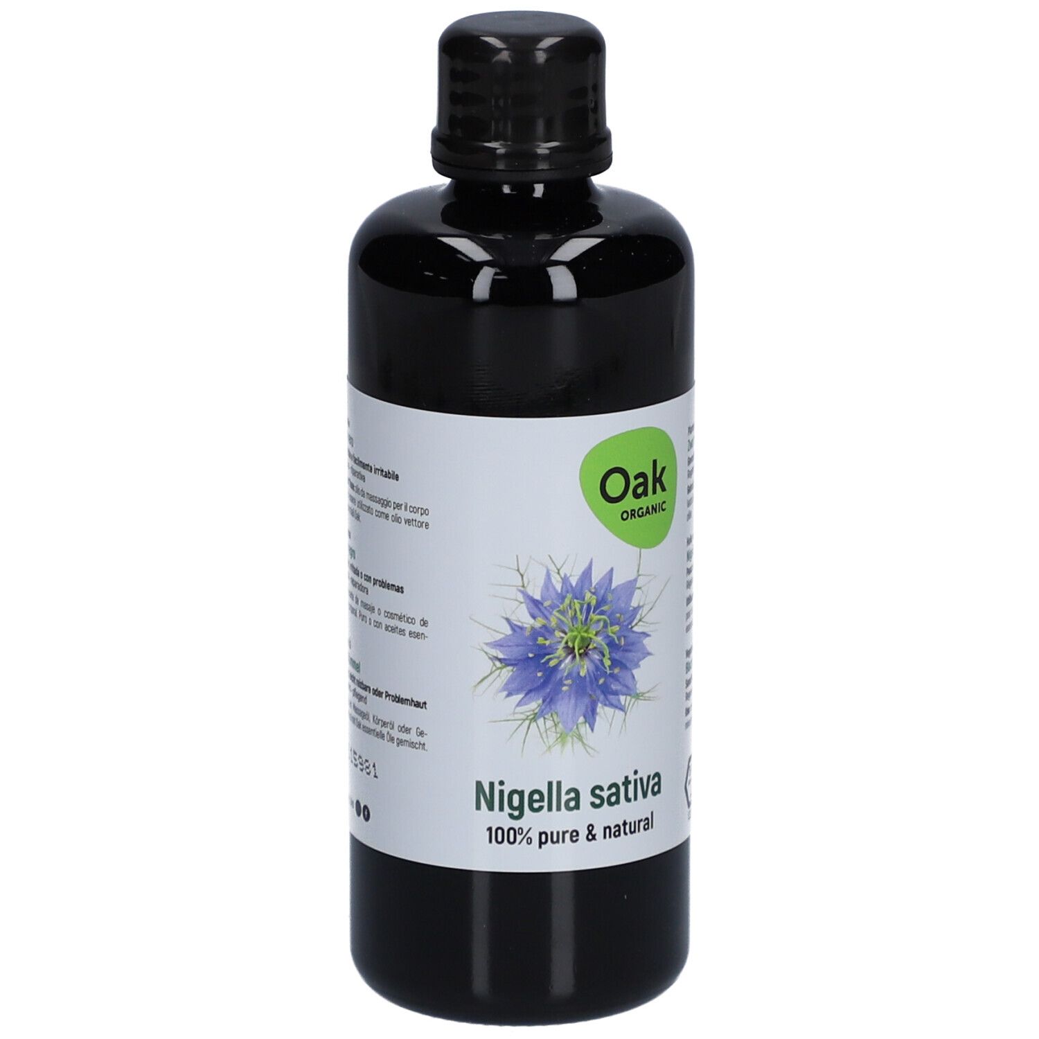 Flacon noir avec étiquette. Oak Organic, Nigella sativa, 100% pur & naturel. Illustration de fleur.